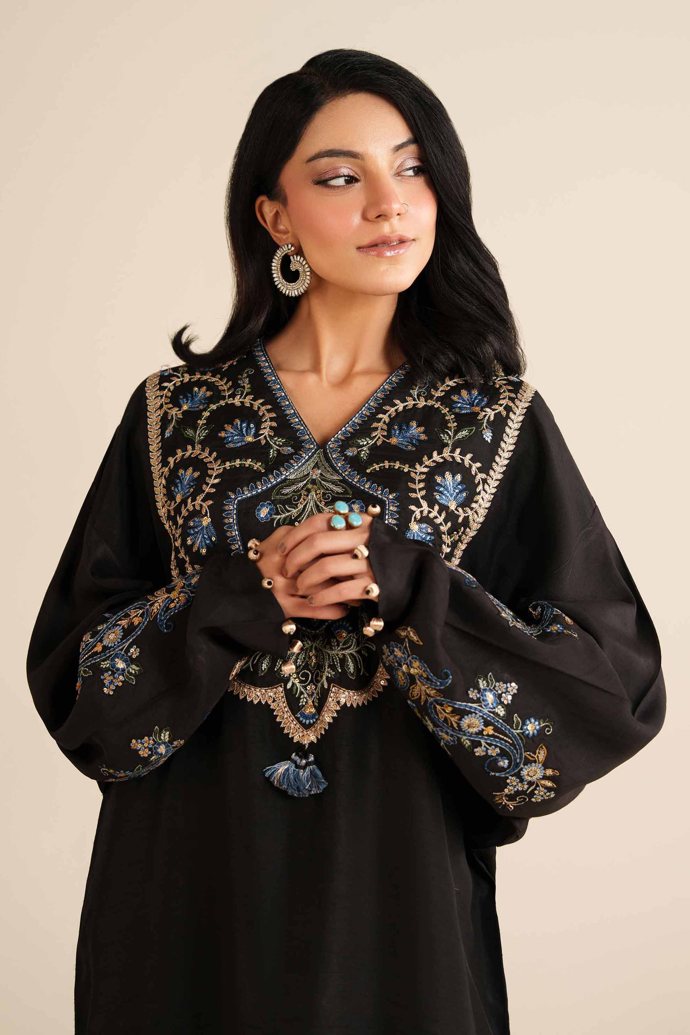 NishatUK - Black Embroidered Silk 1-piece ready to wear Shirt