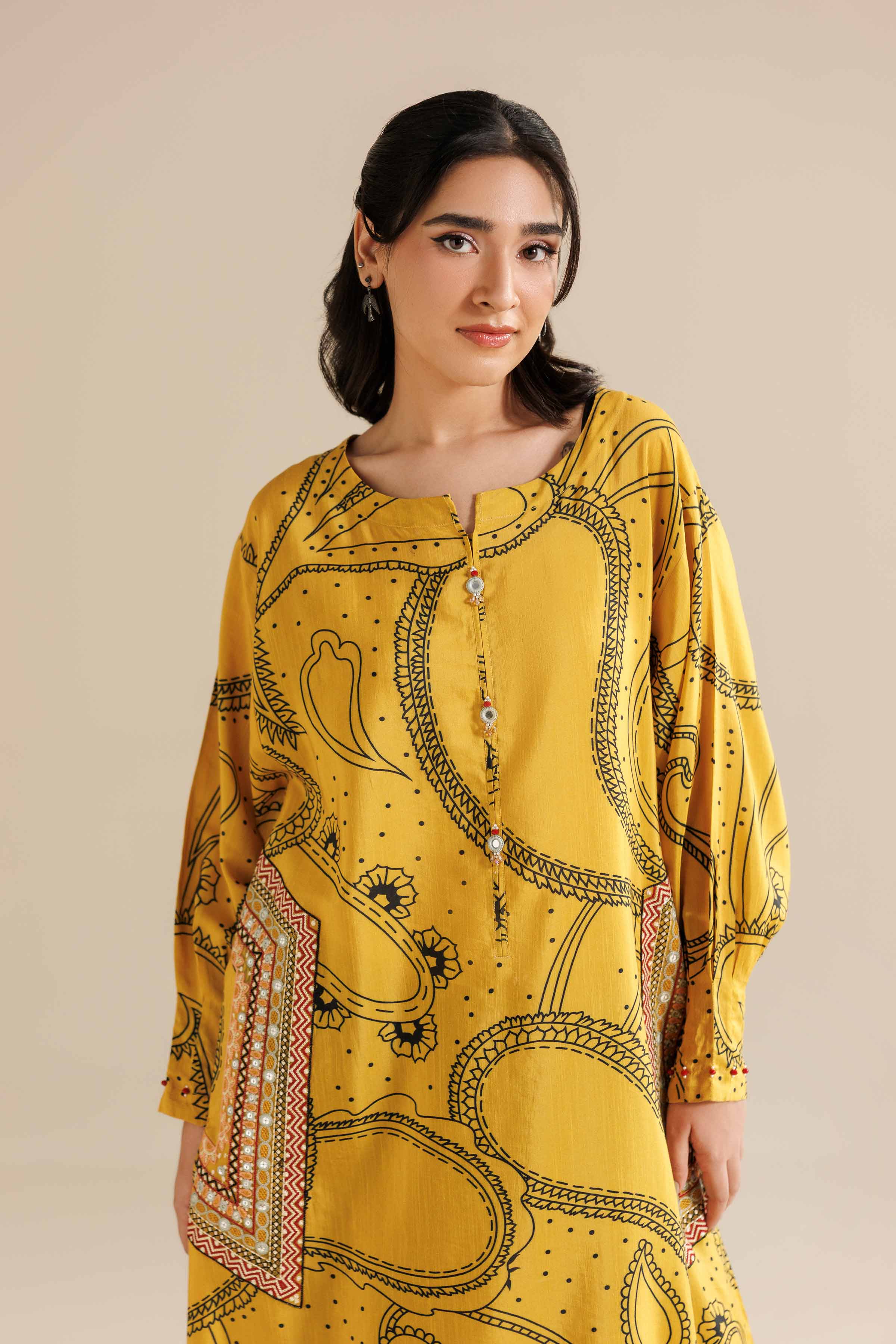 NishatUK - Yellow Embroidered Silk 1-piece ready to wear Long Dress