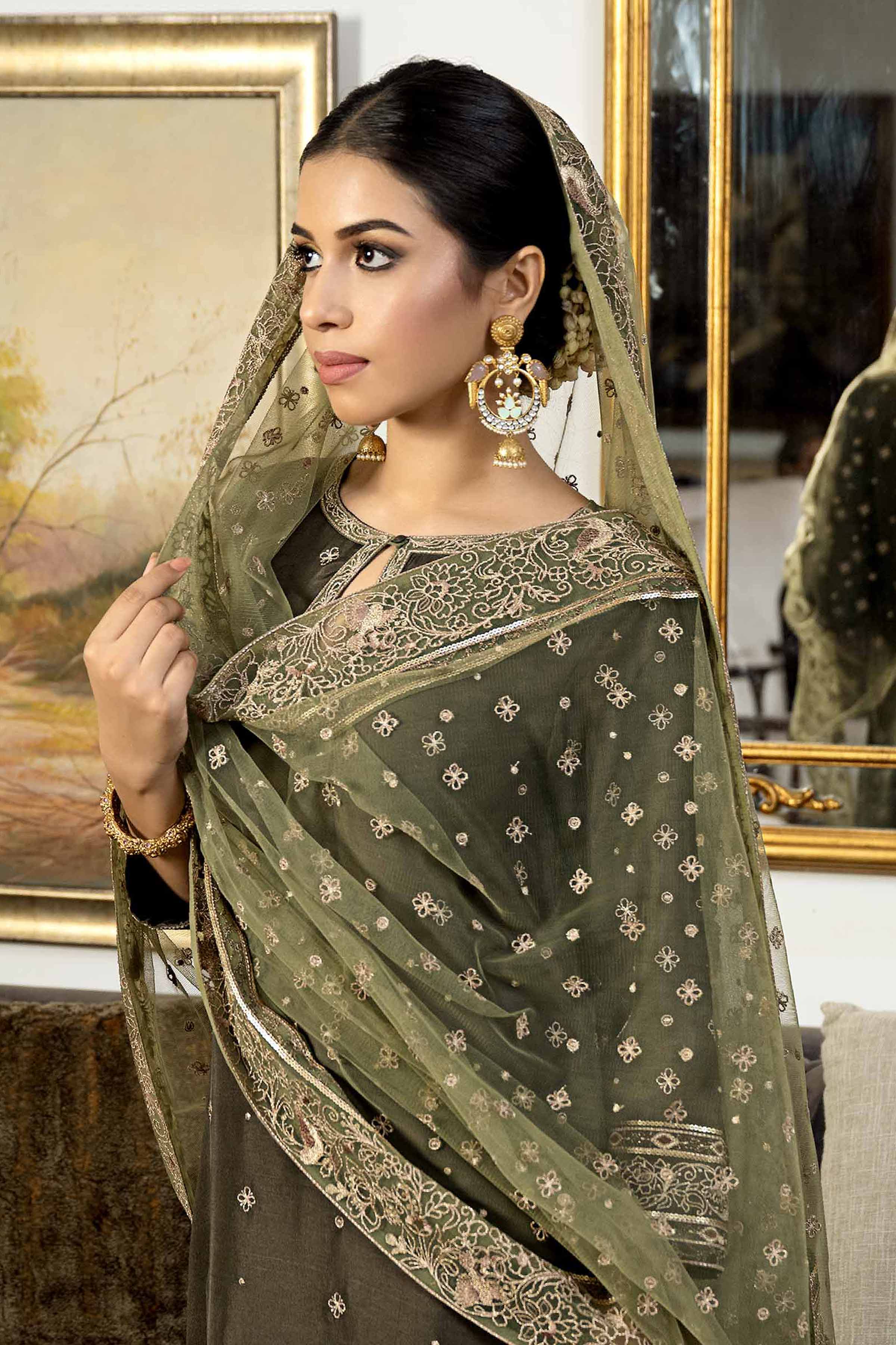 NishatUK - Olive Embroidered Silk 3-piece ready to wear Suit