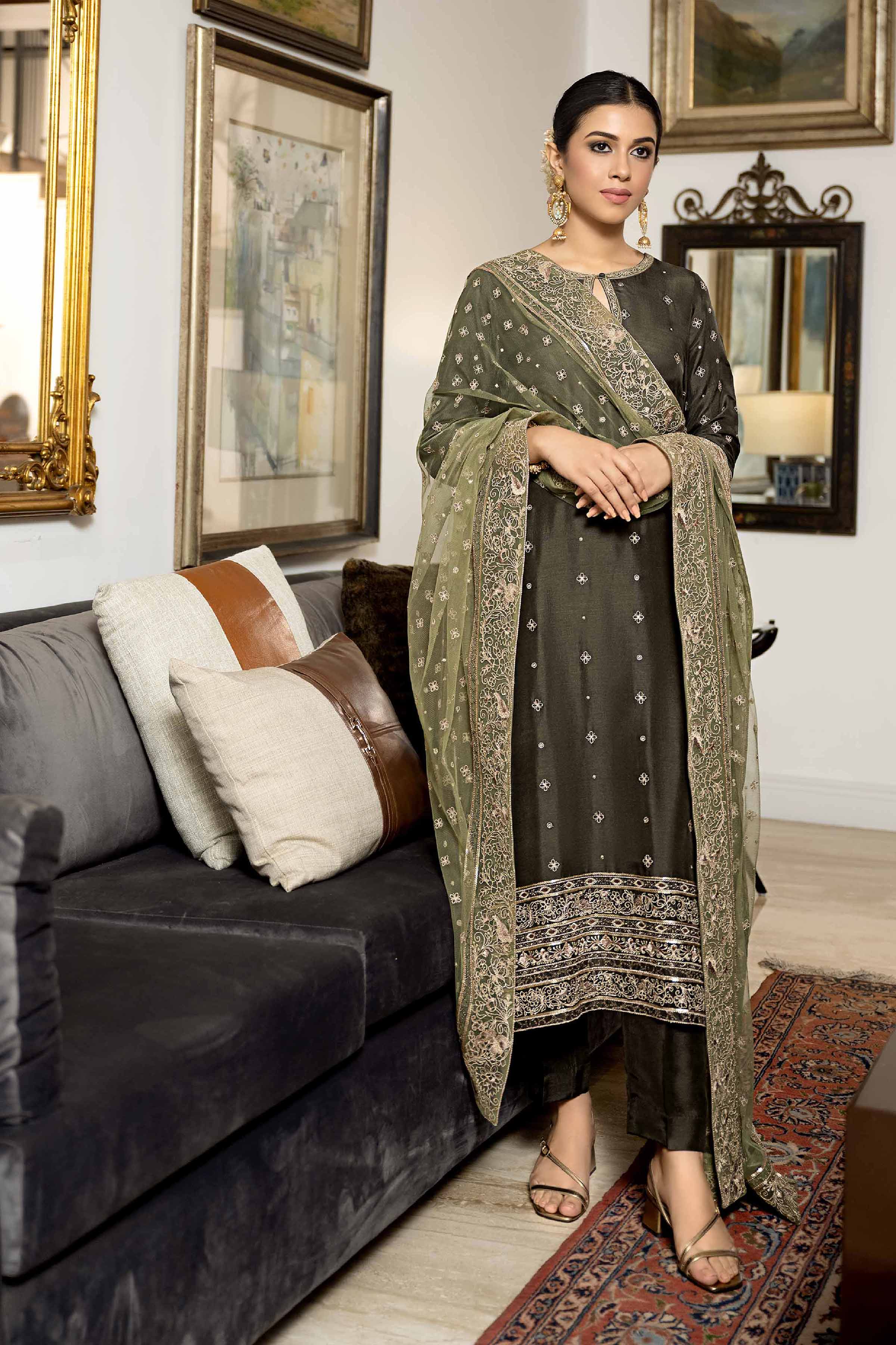 NishatUK - Olive Embroidered Silk 3-piece ready to wear Suit