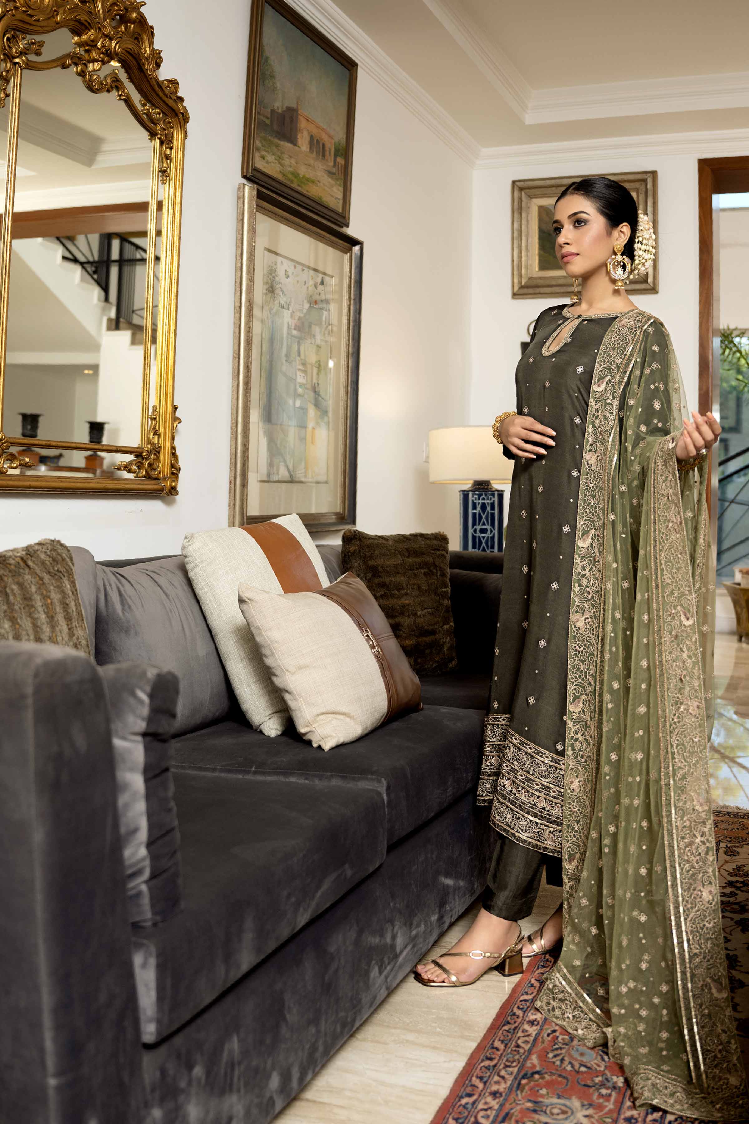 NishatUK - Olive Embroidered Silk 3-piece ready to wear Suit