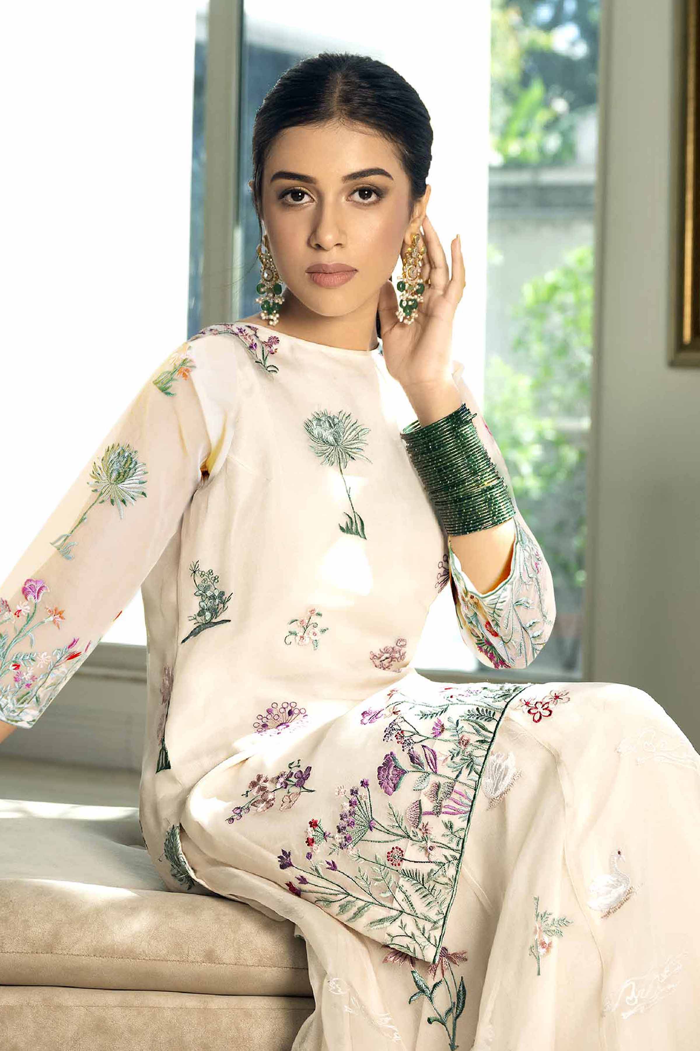 NishatUK - Off White Embroidered Organza &Chiffon 2-piece ready to wear Dress