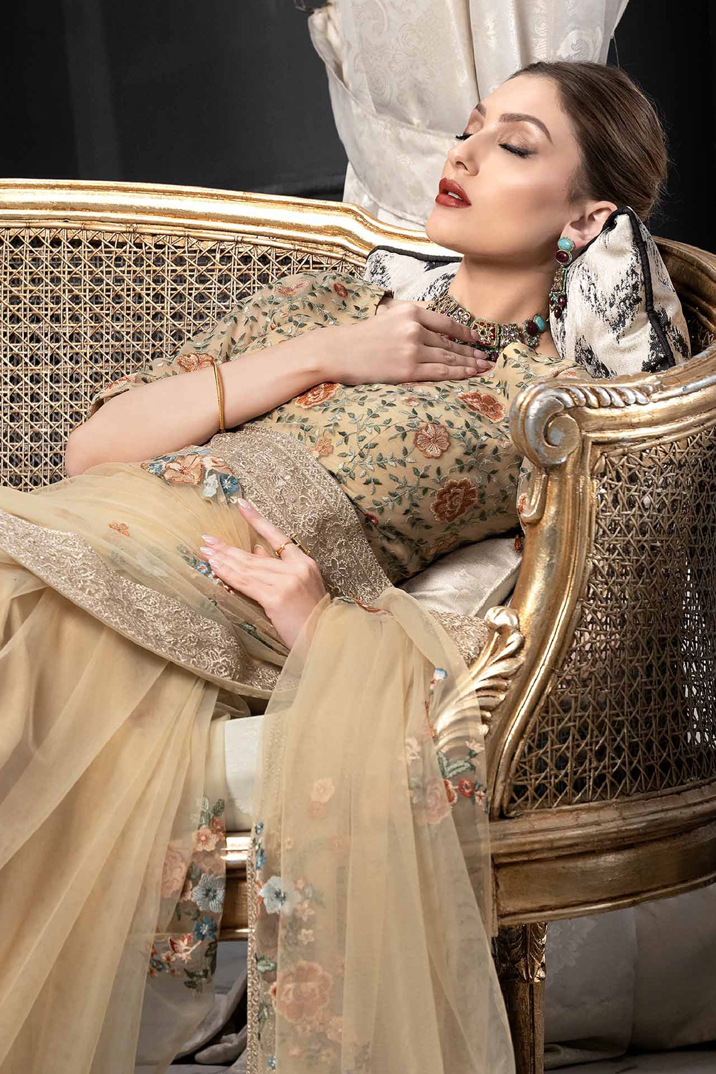 NishatUK - Brown Embroidered Silk 1-piece ready to wear Saree