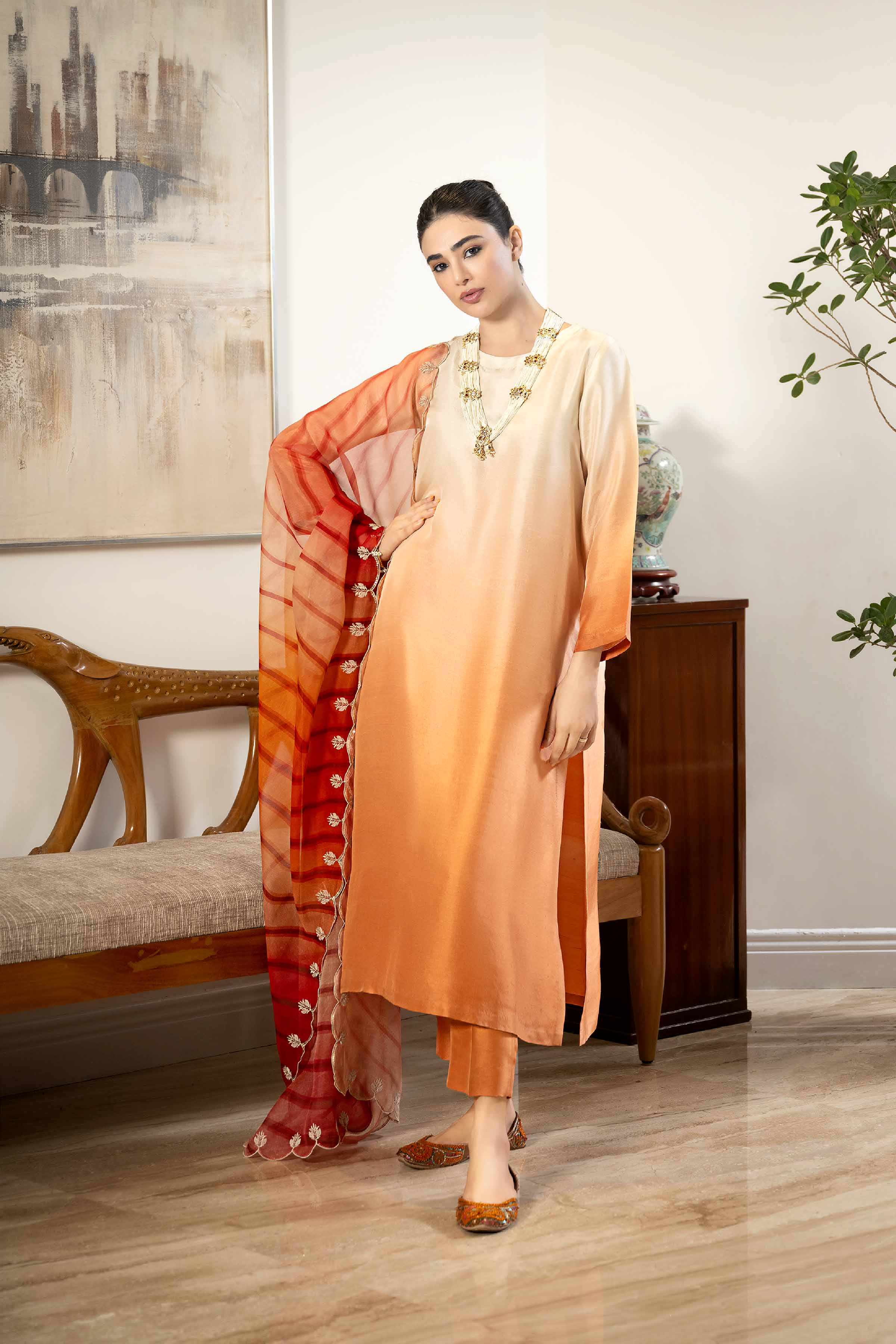NishatUK - Brown Embroidered Silk 3-piece ready to wear Suit