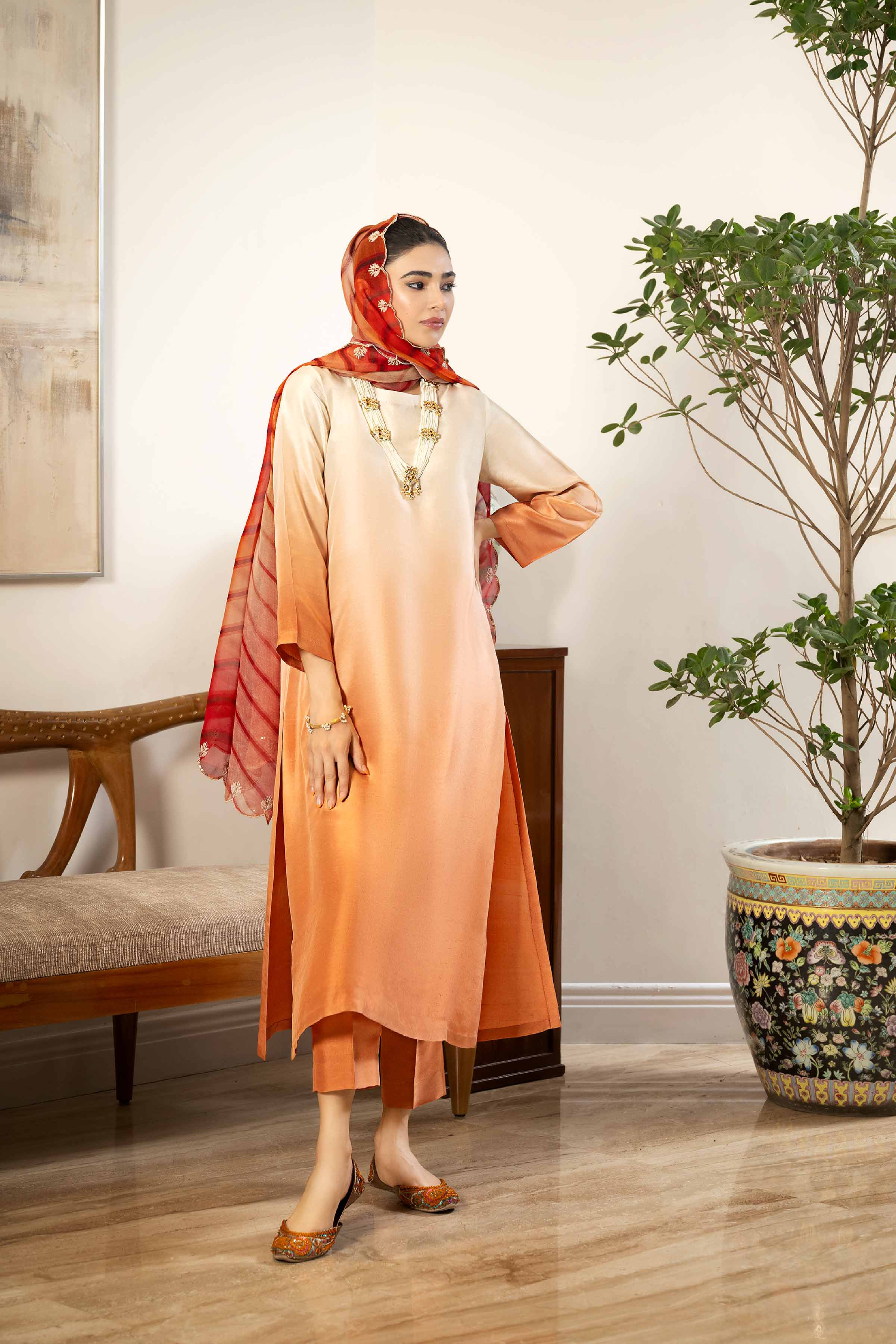 NishatUK - Brown Embroidered Silk 3-piece ready to wear Suit