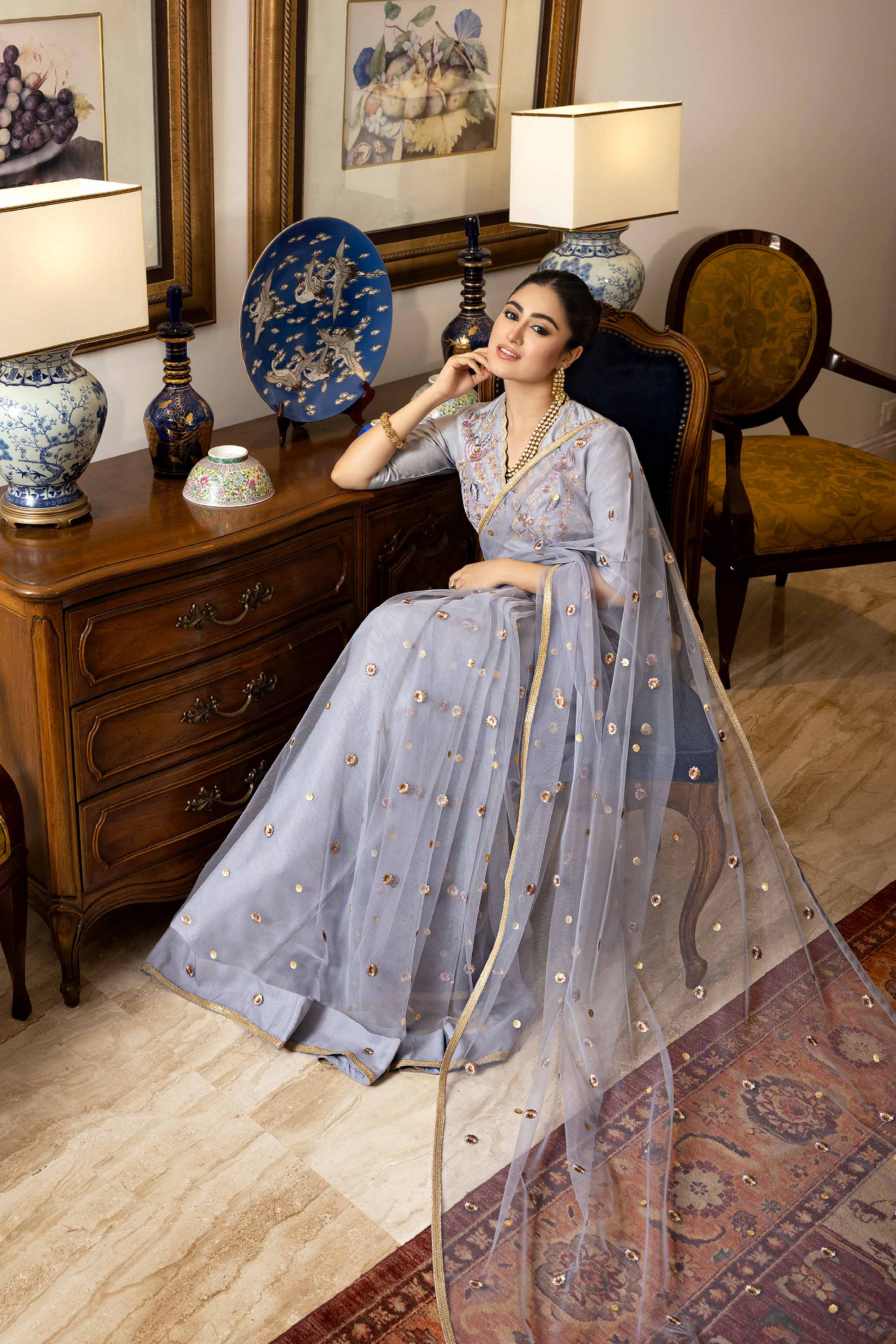 NishatUK - Brown Embroidered Net 1-piece ready to wear Saree