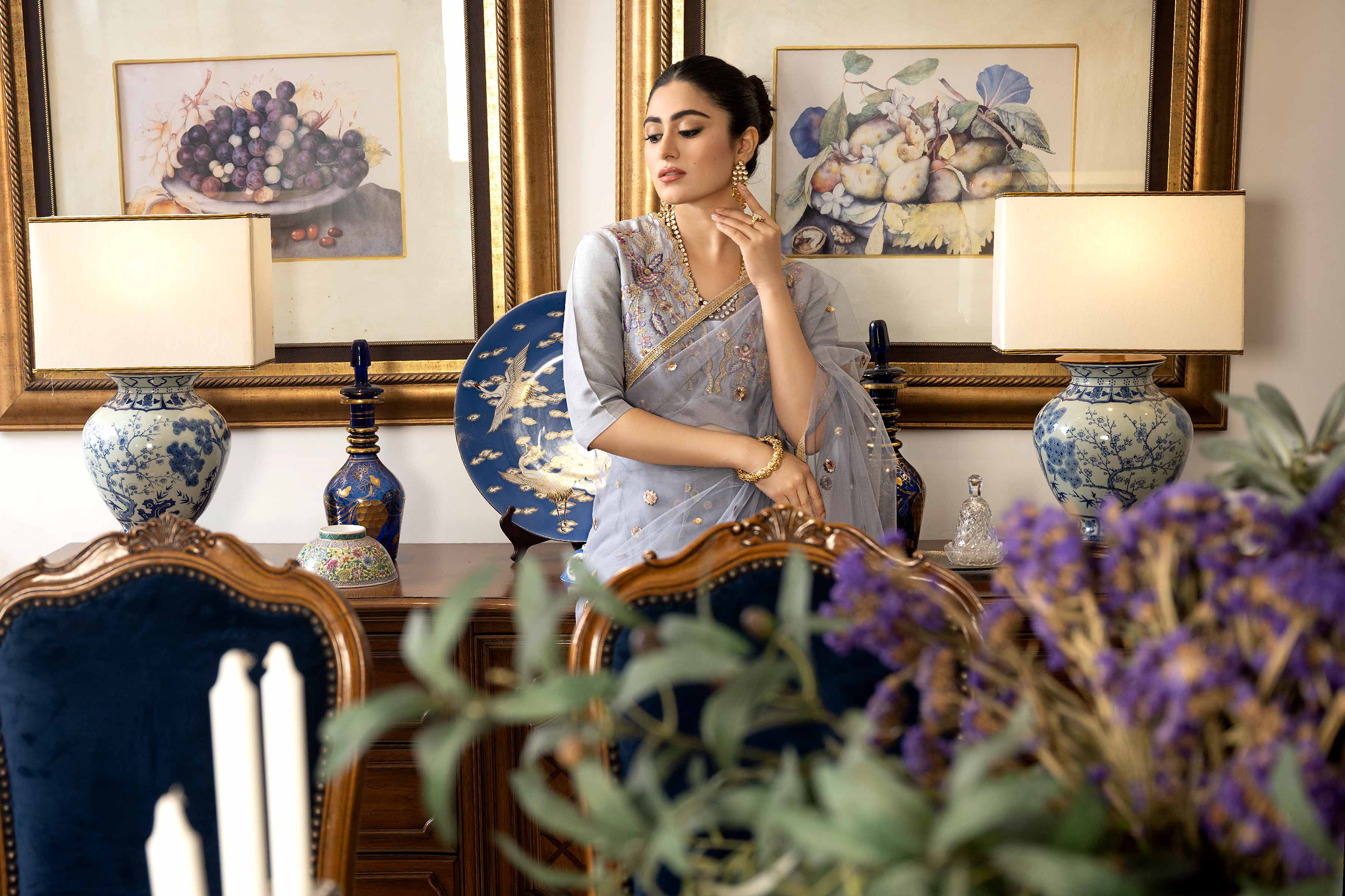 NishatUK - Brown Embroidered Net 1-piece ready to wear Saree