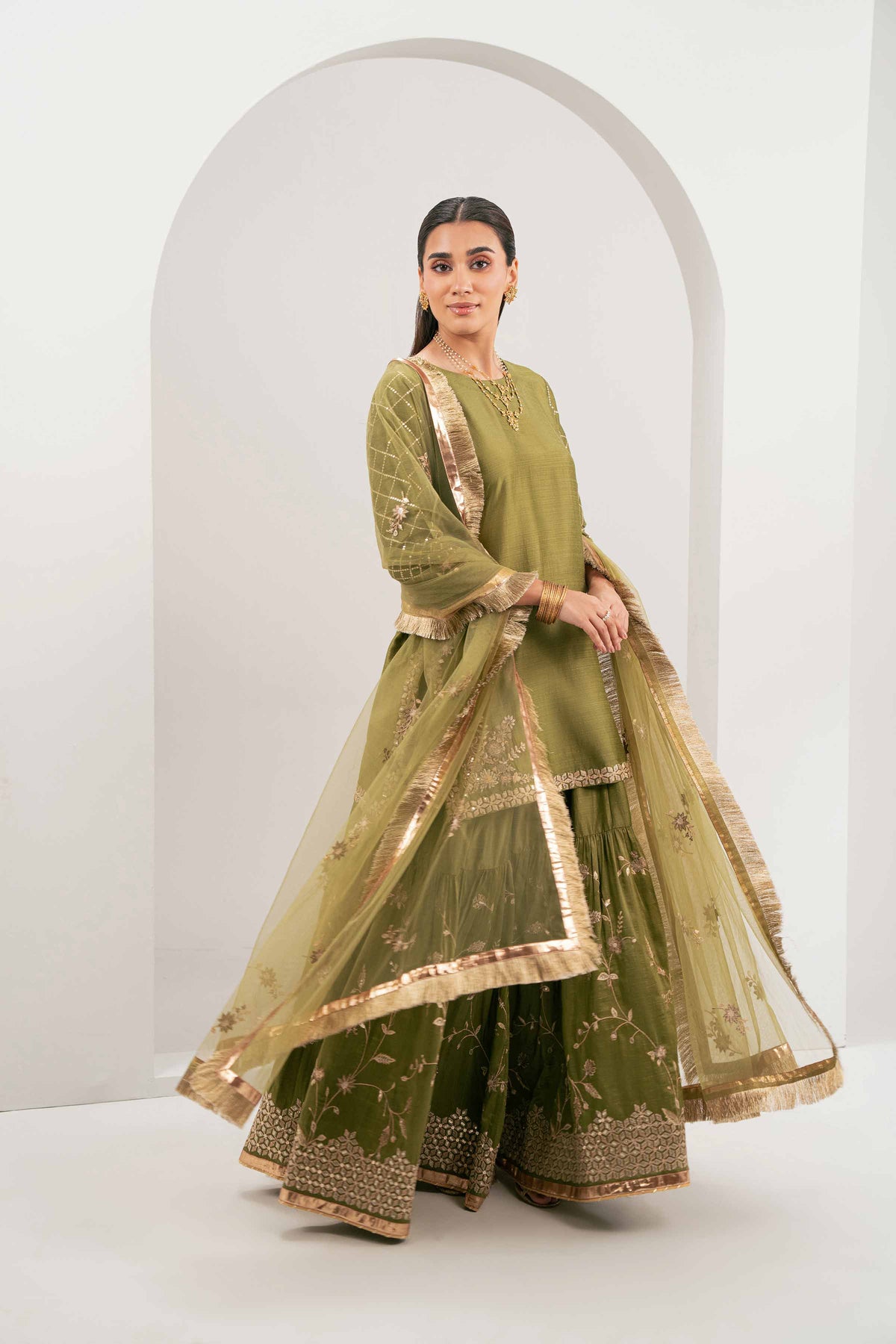 Nishat UK - Green Embroidered Silk 3 Pieces ready to wear Suit