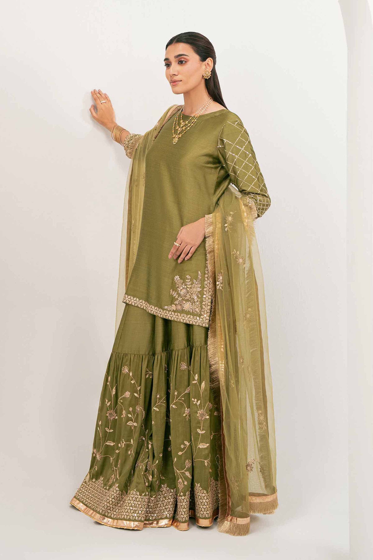 Nishat UK - Green Embroidered Silk 3 Pieces ready to wear Suit