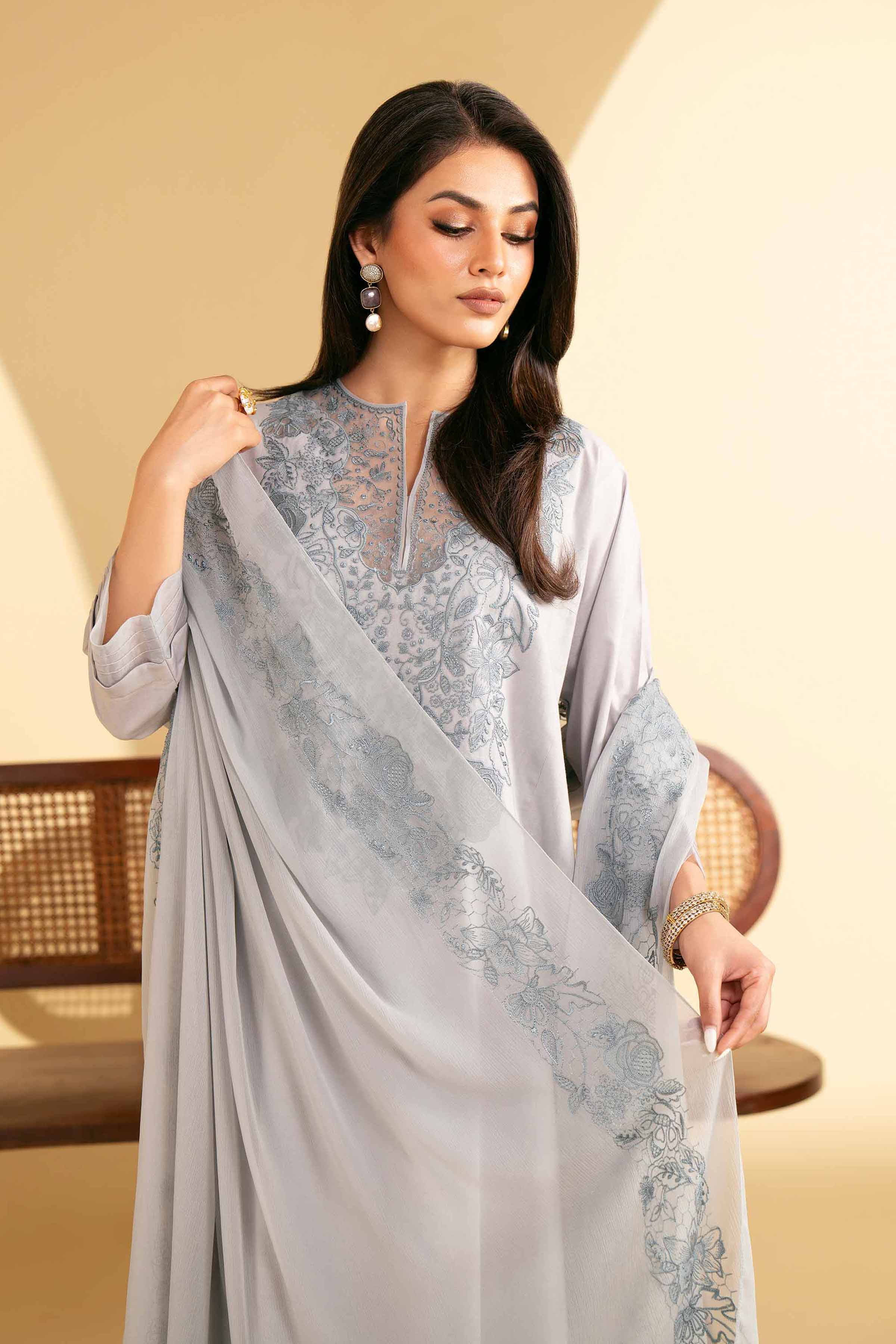 NishatUK - Grey Embroidered Cambric 3-piece ready to wear Suit