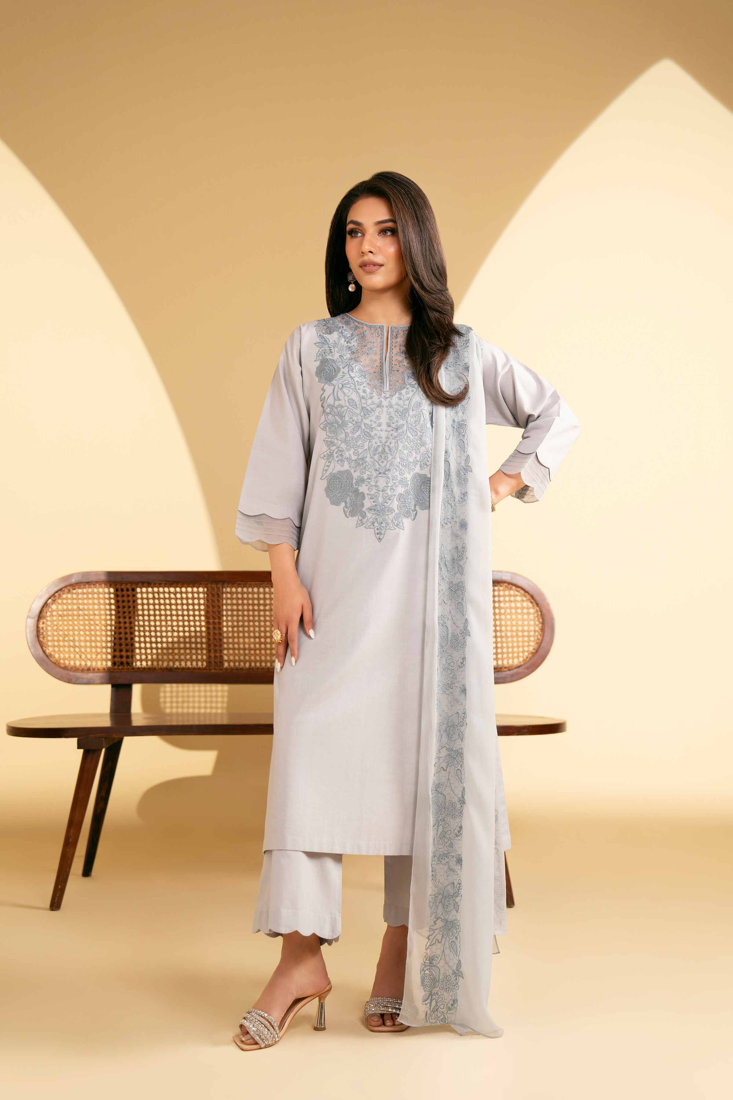 NishatUK - Grey Embroidered Cambric 3-piece ready to wear Suit