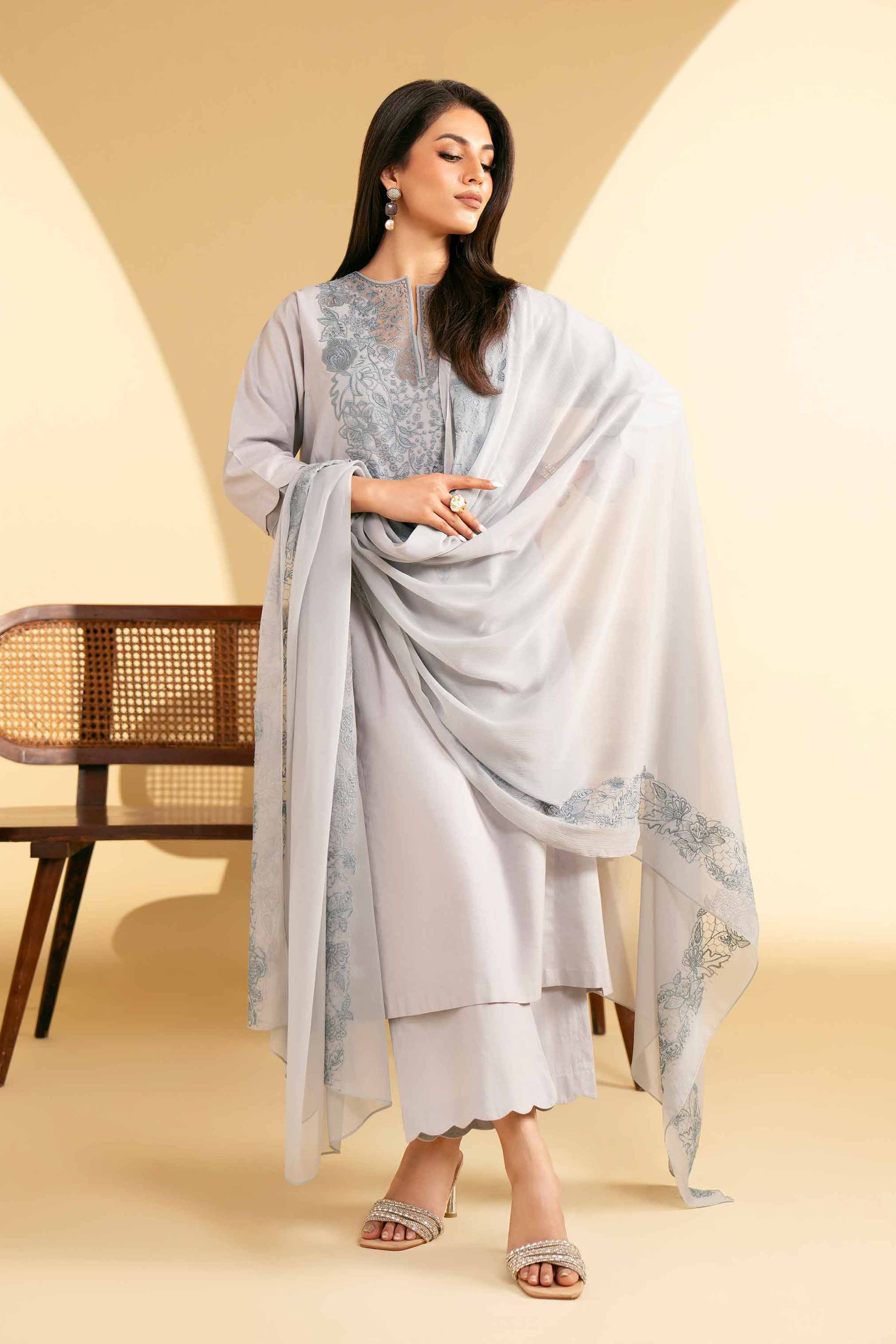 NishatUK - Grey Embroidered Cambric 3-piece ready to wear Suit