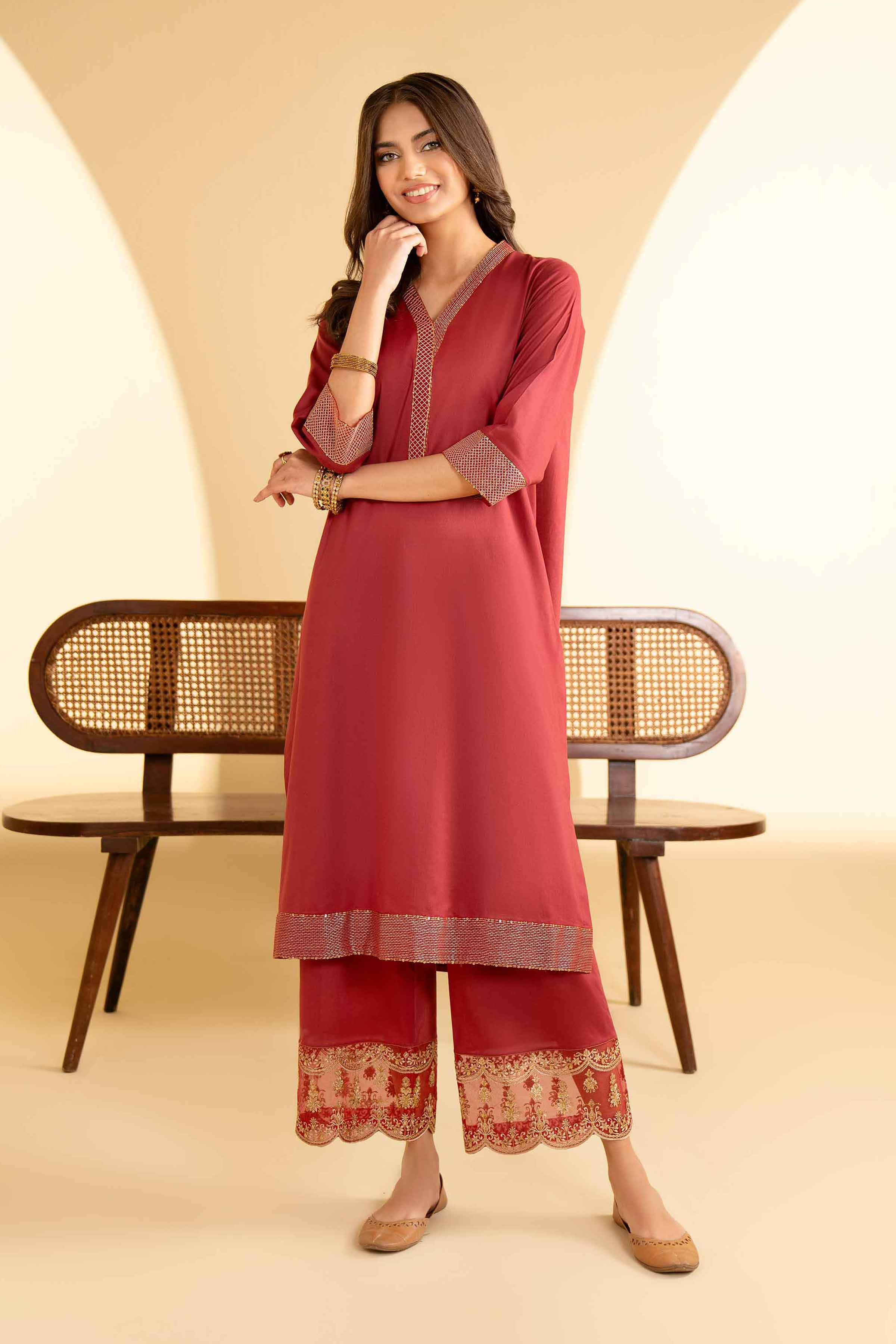 NishatUK - Maroon Embroidered Cambric 2-piece ready to wear Luxury Dress
