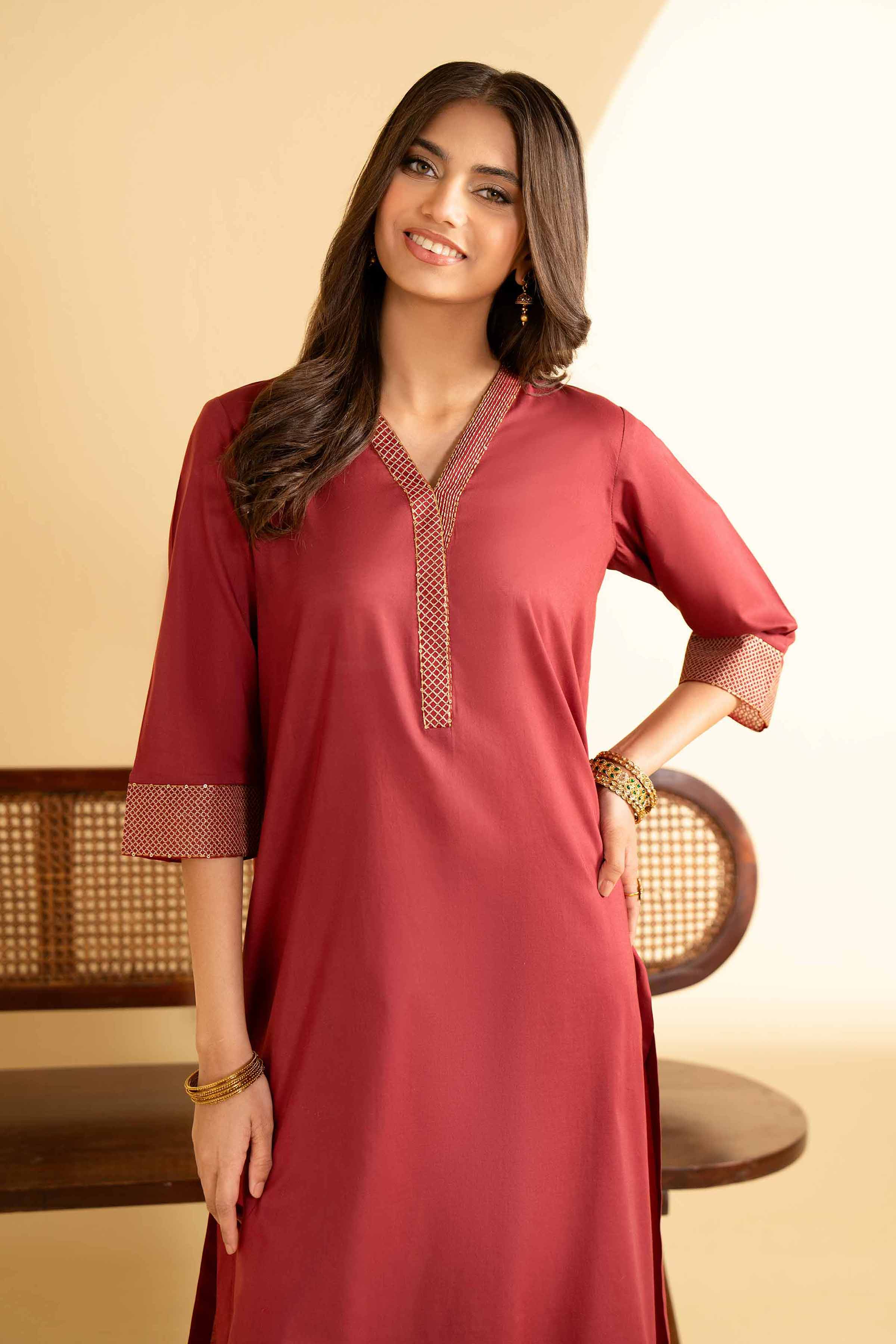 NishatUK - Maroon Embroidered Cambric 2-piece ready to wear Luxury Dress