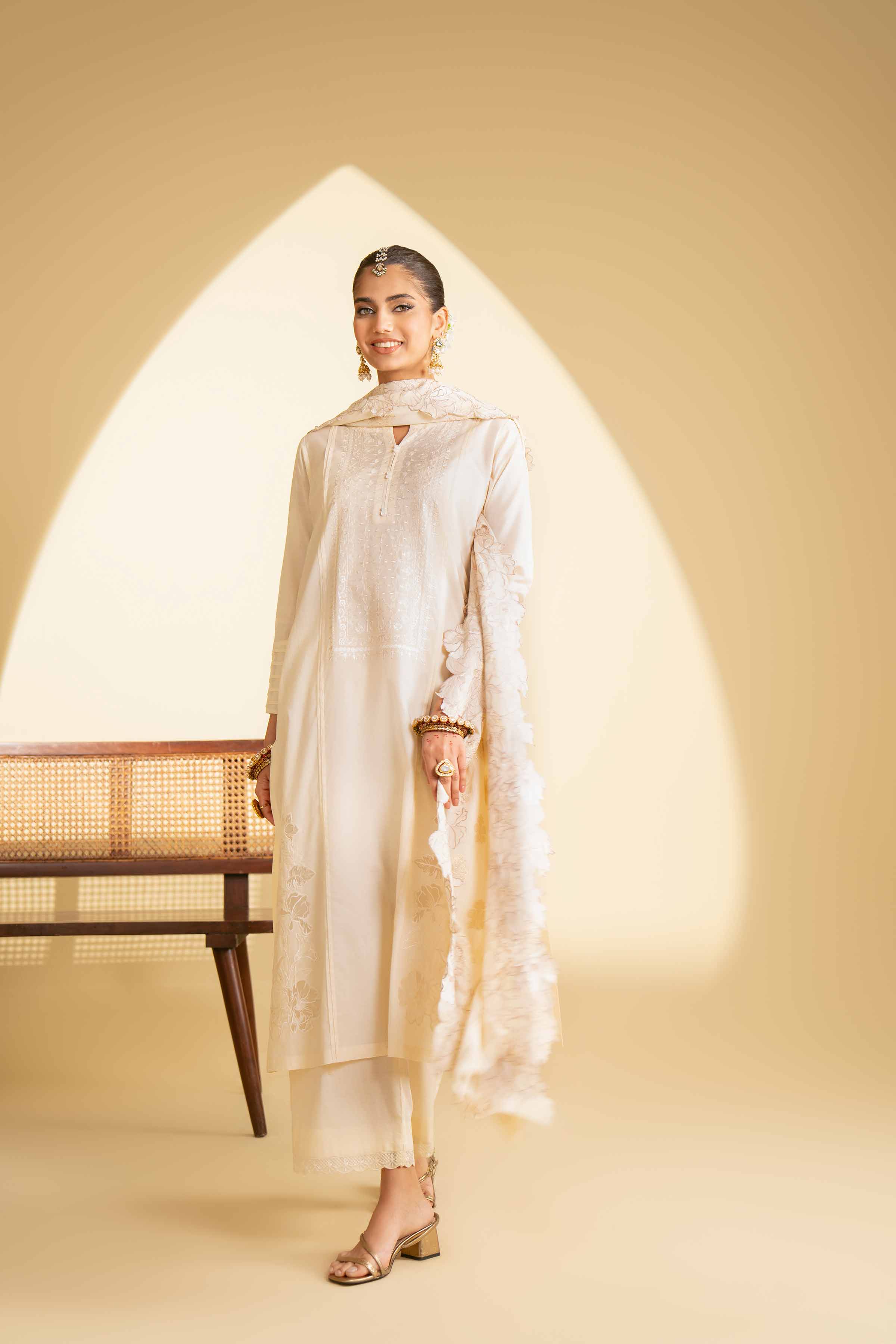 NishatUK - Beige Embroidered Lawn 3-piece ready to wear Suit