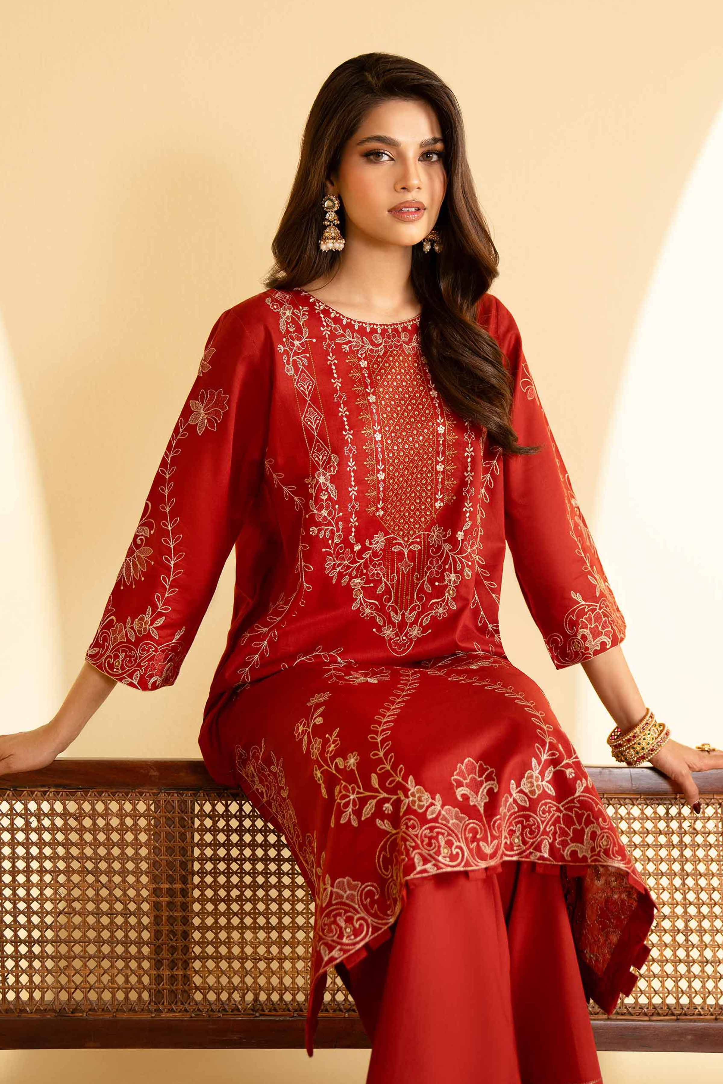 NishatUK - Red Embroidered Lawn 2-piece ready to wear Luxury Dress