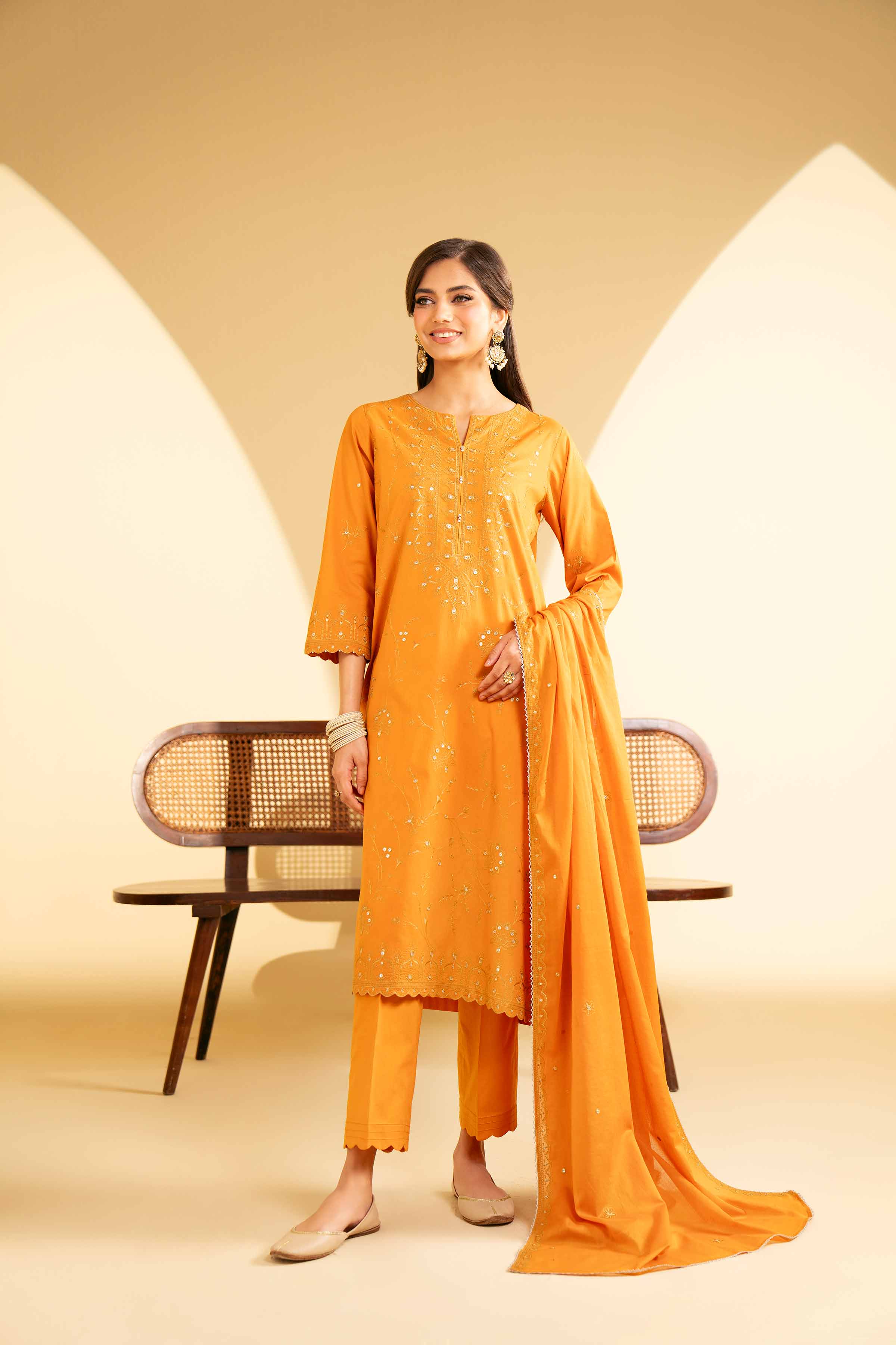NishatUK - Orange Embroidered Cambric 3-piece ready to wear Suit