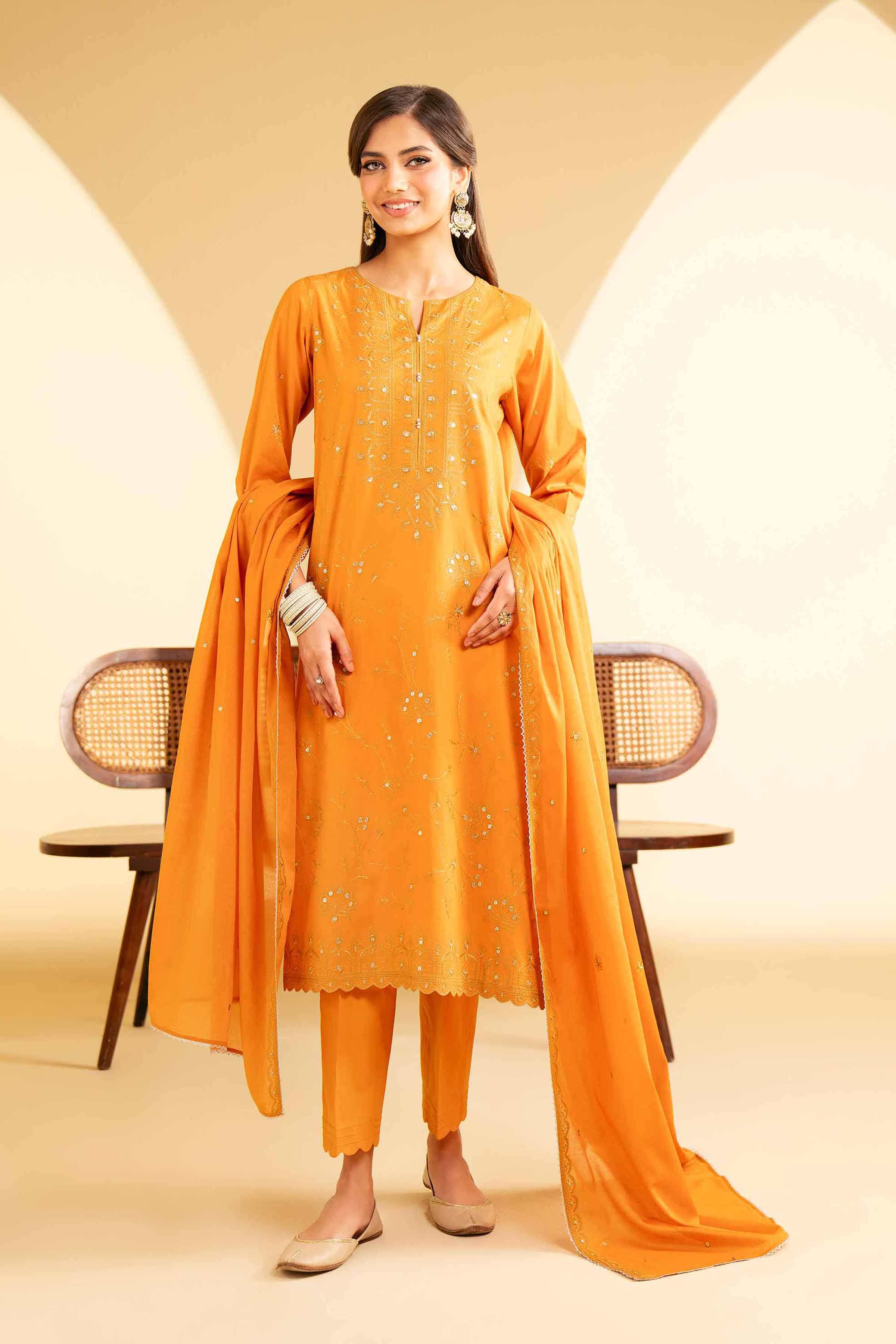 NishatUK - Orange Embroidered Cambric 3-piece ready to wear Suit
