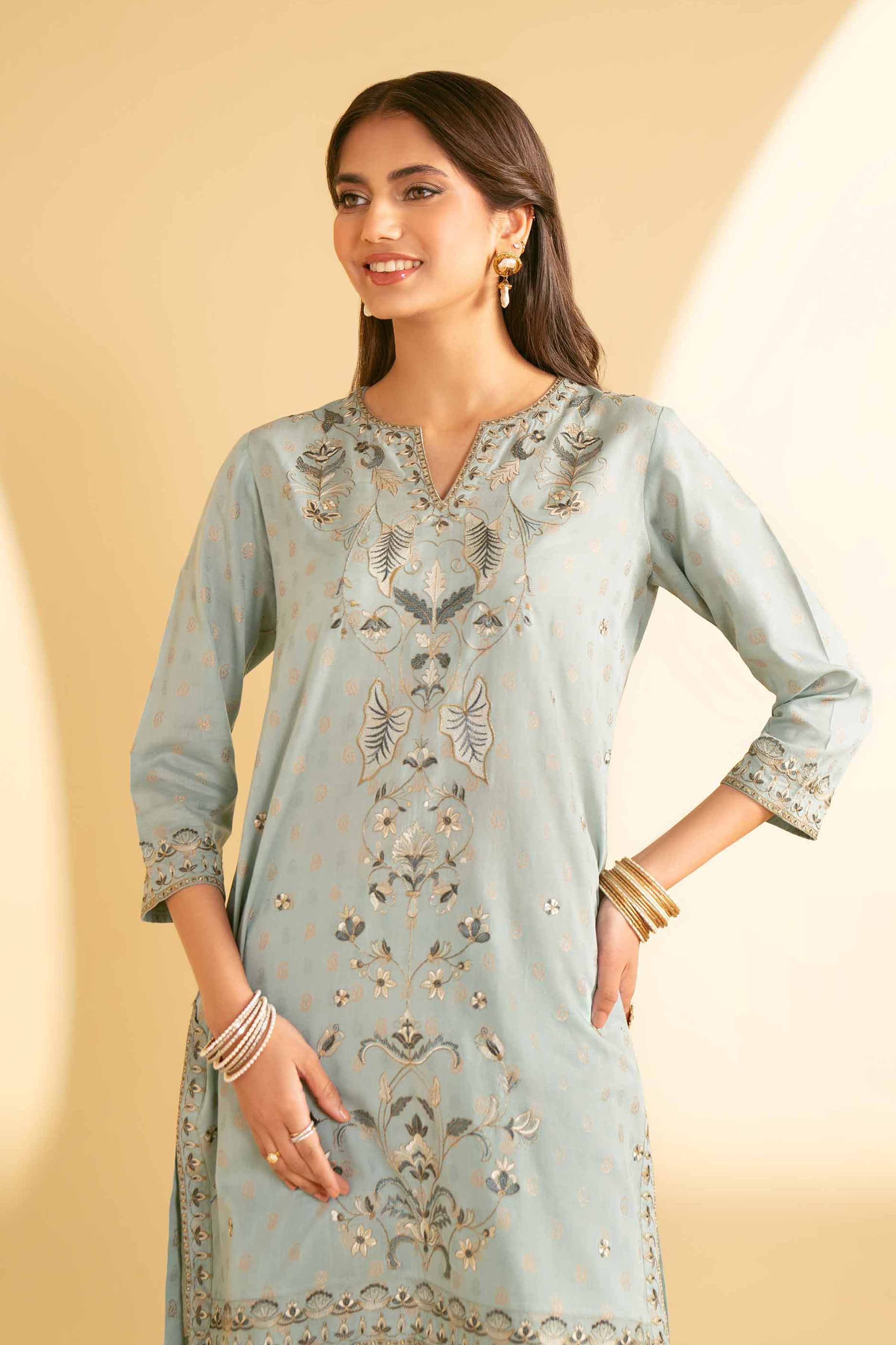 NishatUK - Brown Embroidered Cotton 2-piece ready to wear Luxury Dress