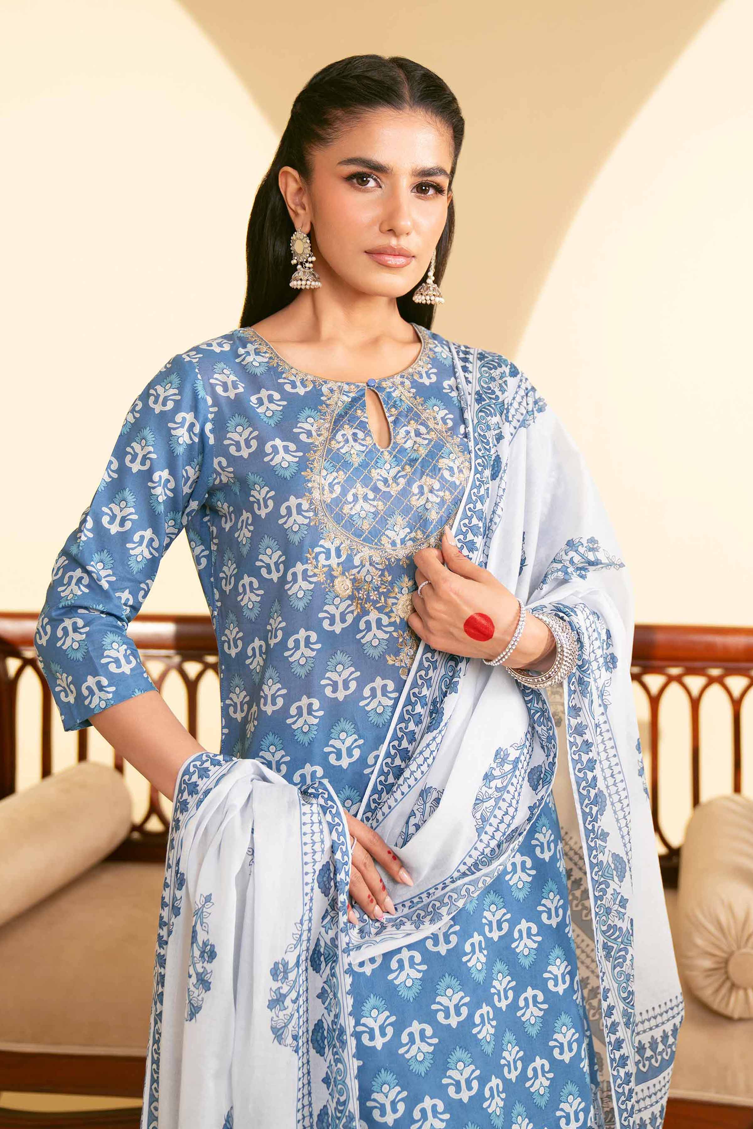 NishatUK - Sky Blue Embroidered Cambric 3-piece ready to wear Suit