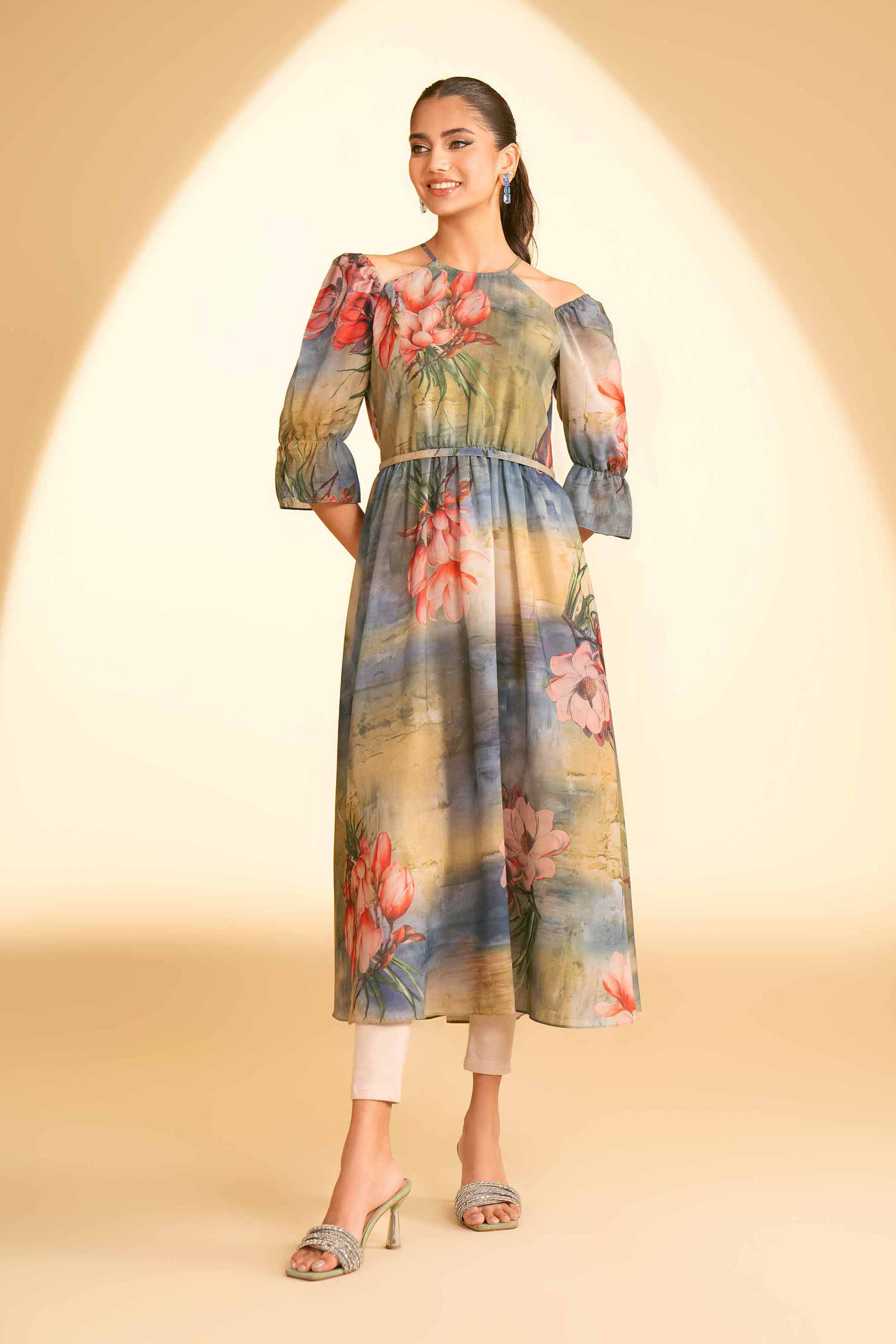 NishatUK - Green Printed Lawn 1-piece ready to wear Long Dress