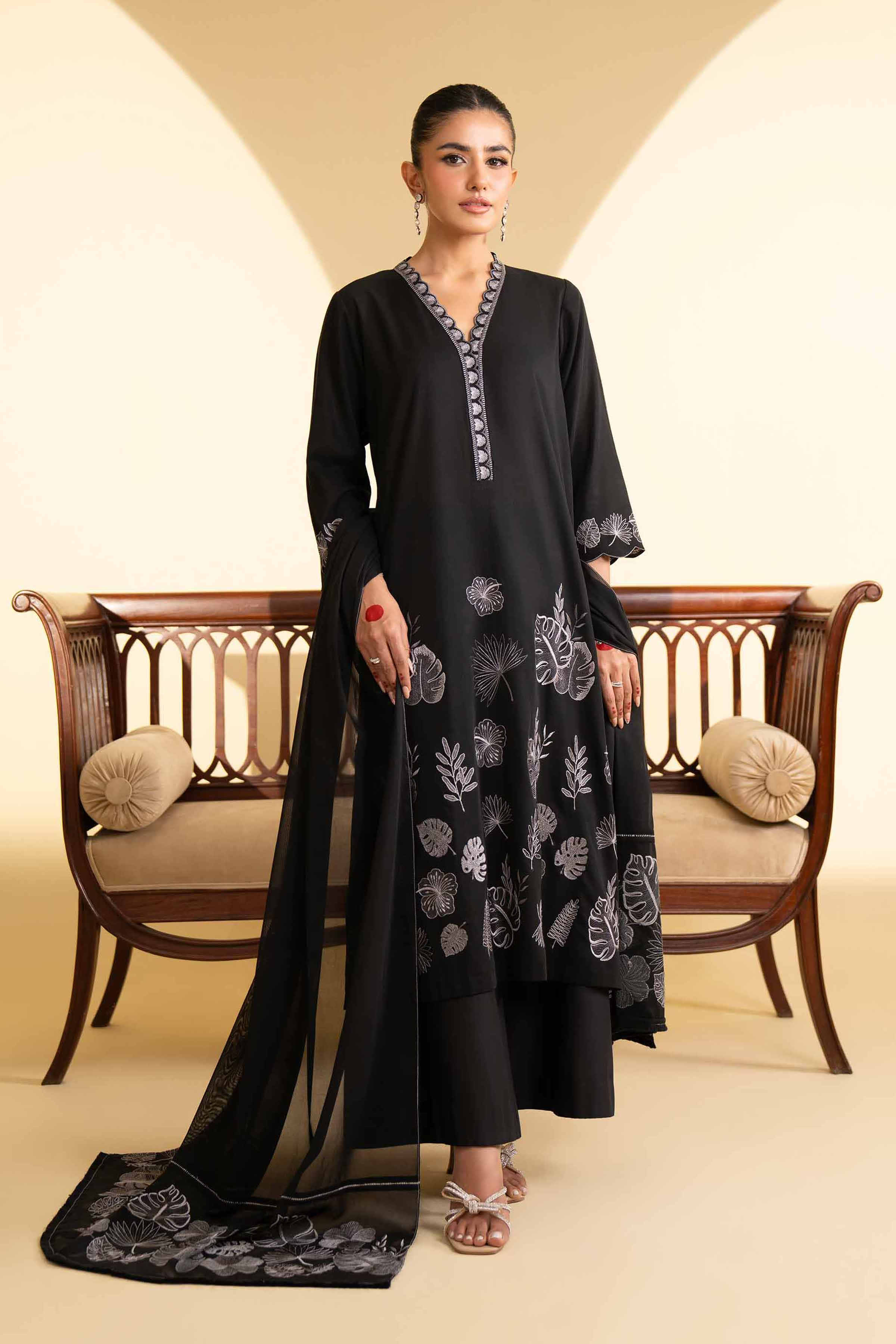 NishatUK - Black Embroidered Cotton 2-piece ready to wear Luxury Dress