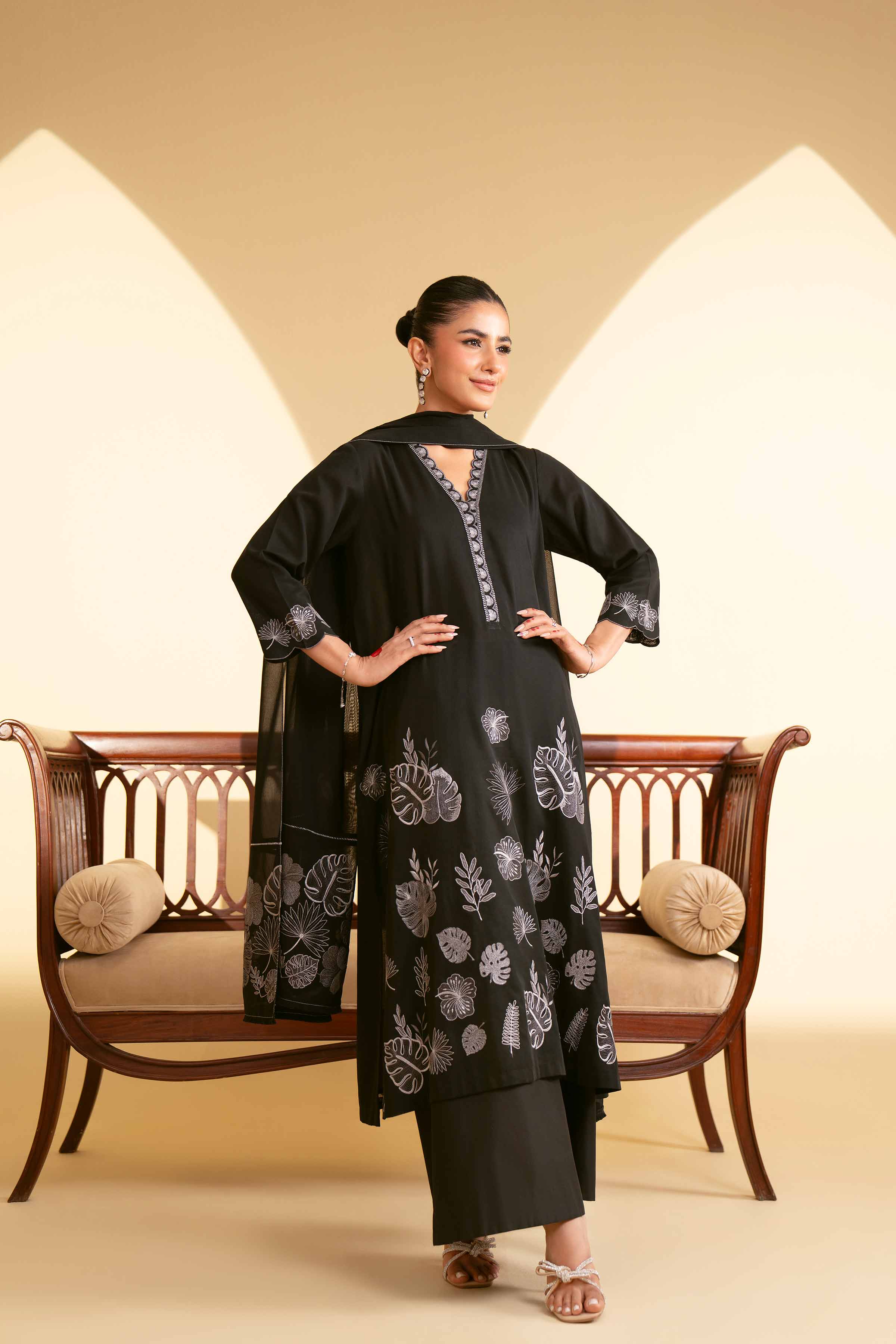NishatUK - Black Embroidered Cotton 2-piece ready to wear Luxury Dress
