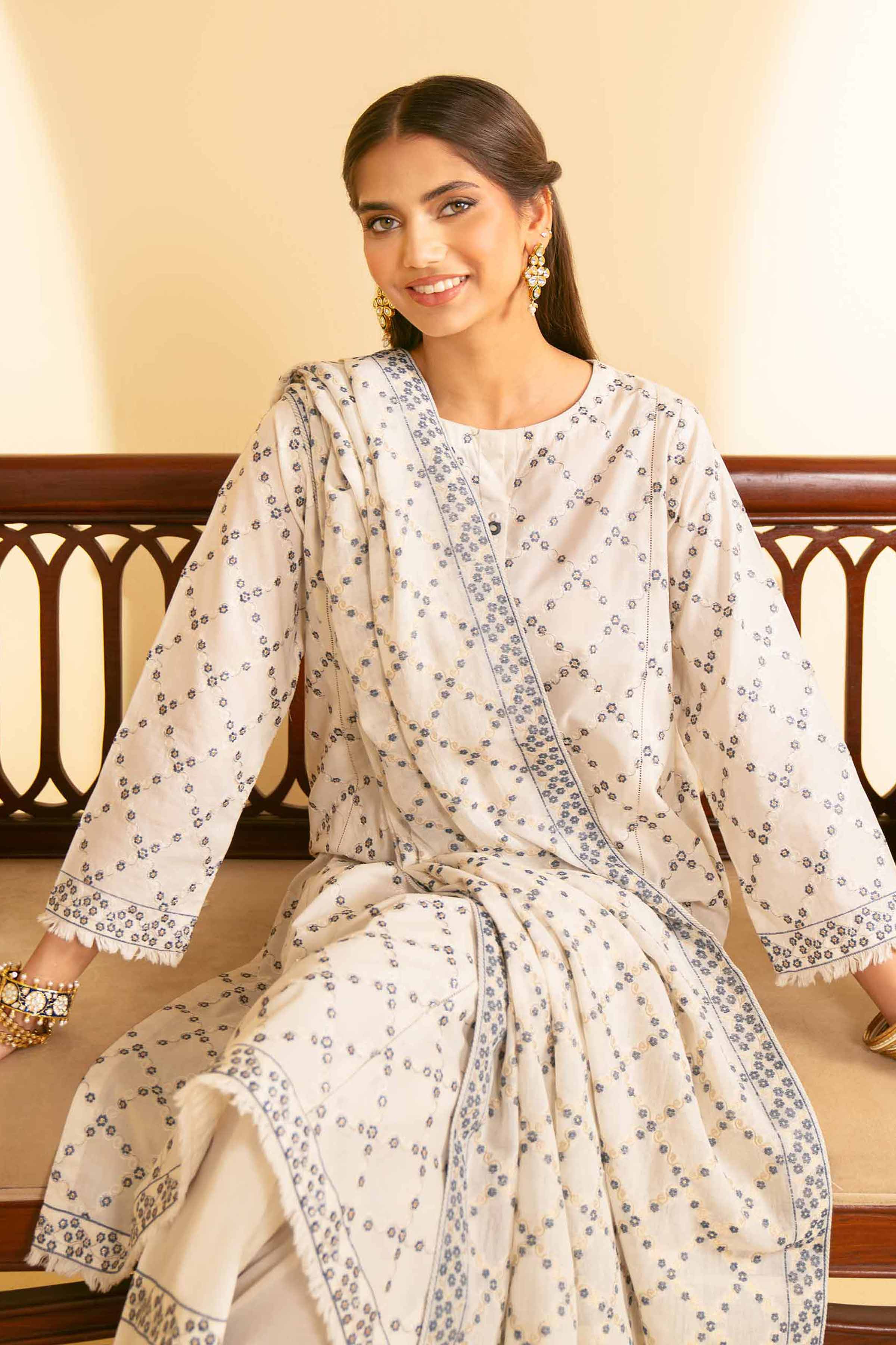 NishatUK - Beige Embroidered Cambric 3-piece ready to wear Suit