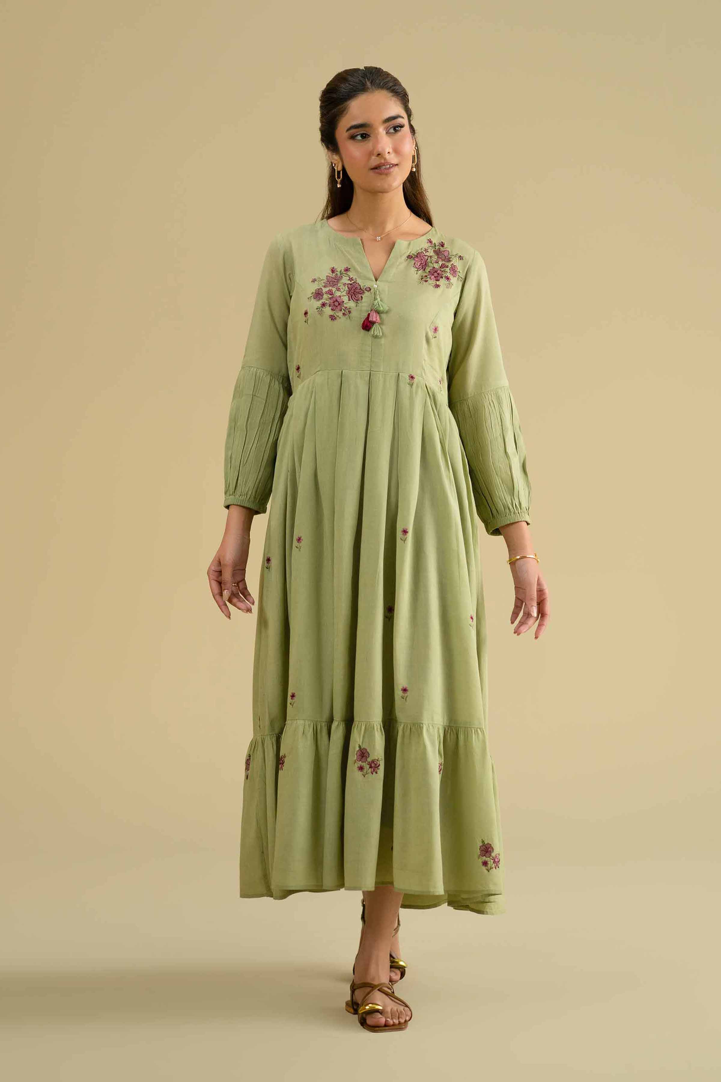 Nishat UK - Green Embroidered Yarn Dyed 1 Piece ready To Wear luxury Dress