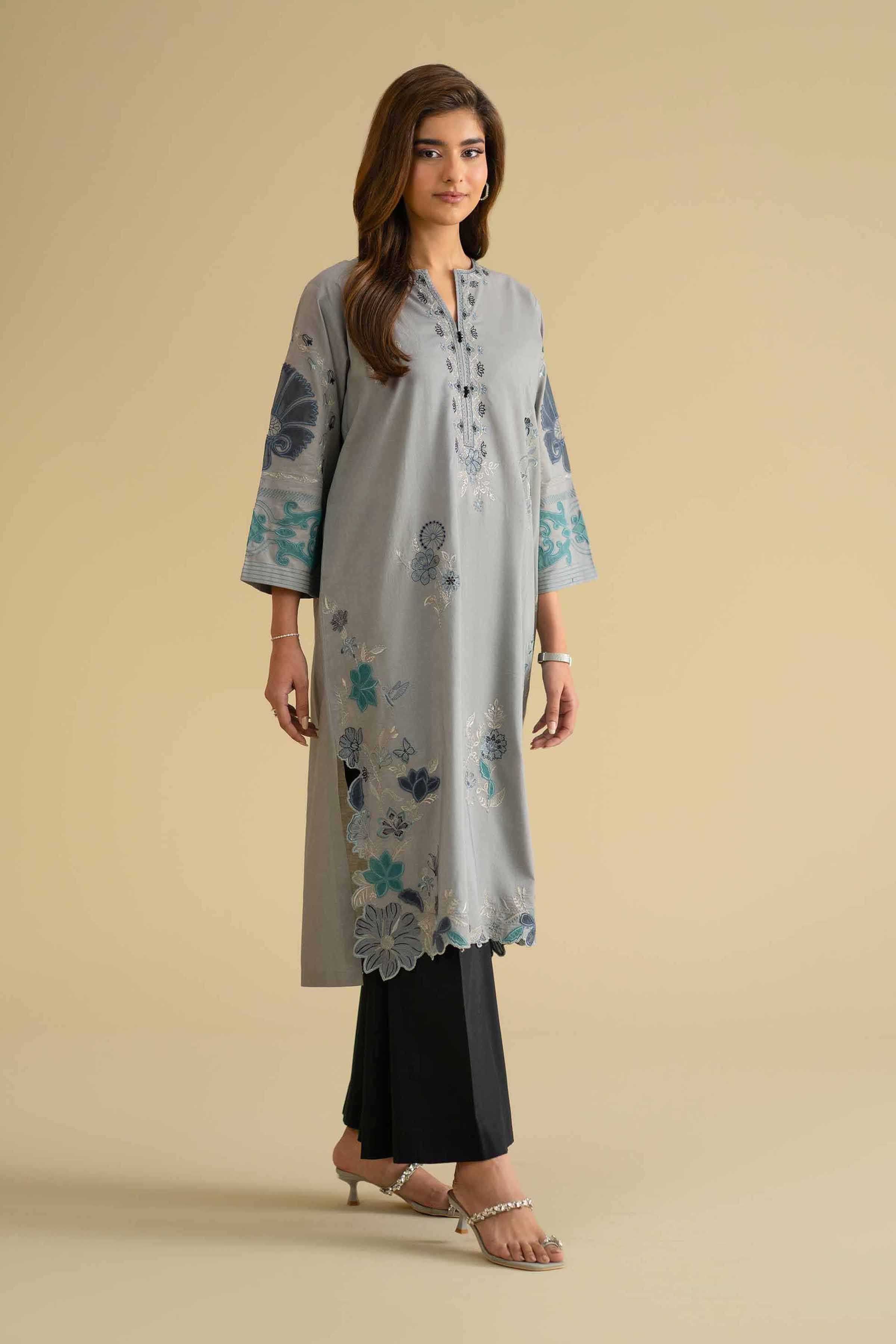 Nishat UK - Grey Embroidered Cambric 1 Piece ready to wear luxury Shirt
