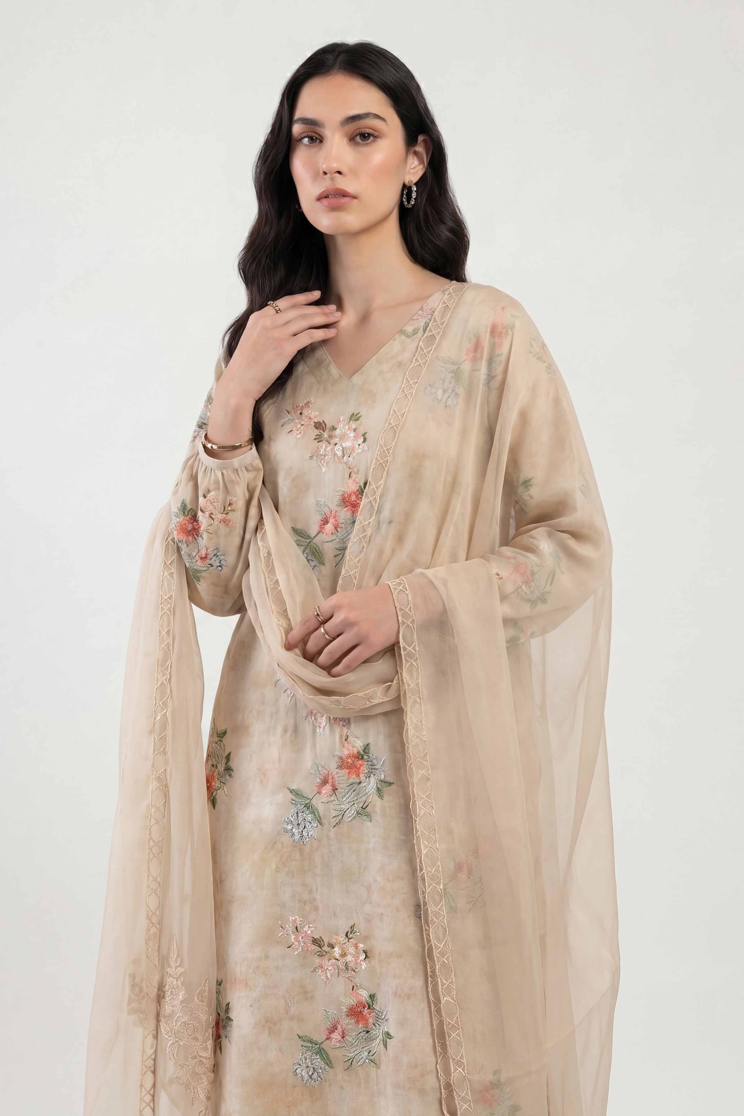 Nishat UK - Beige Embroidered Cotton 3 Piece ready to wear luxury Suit