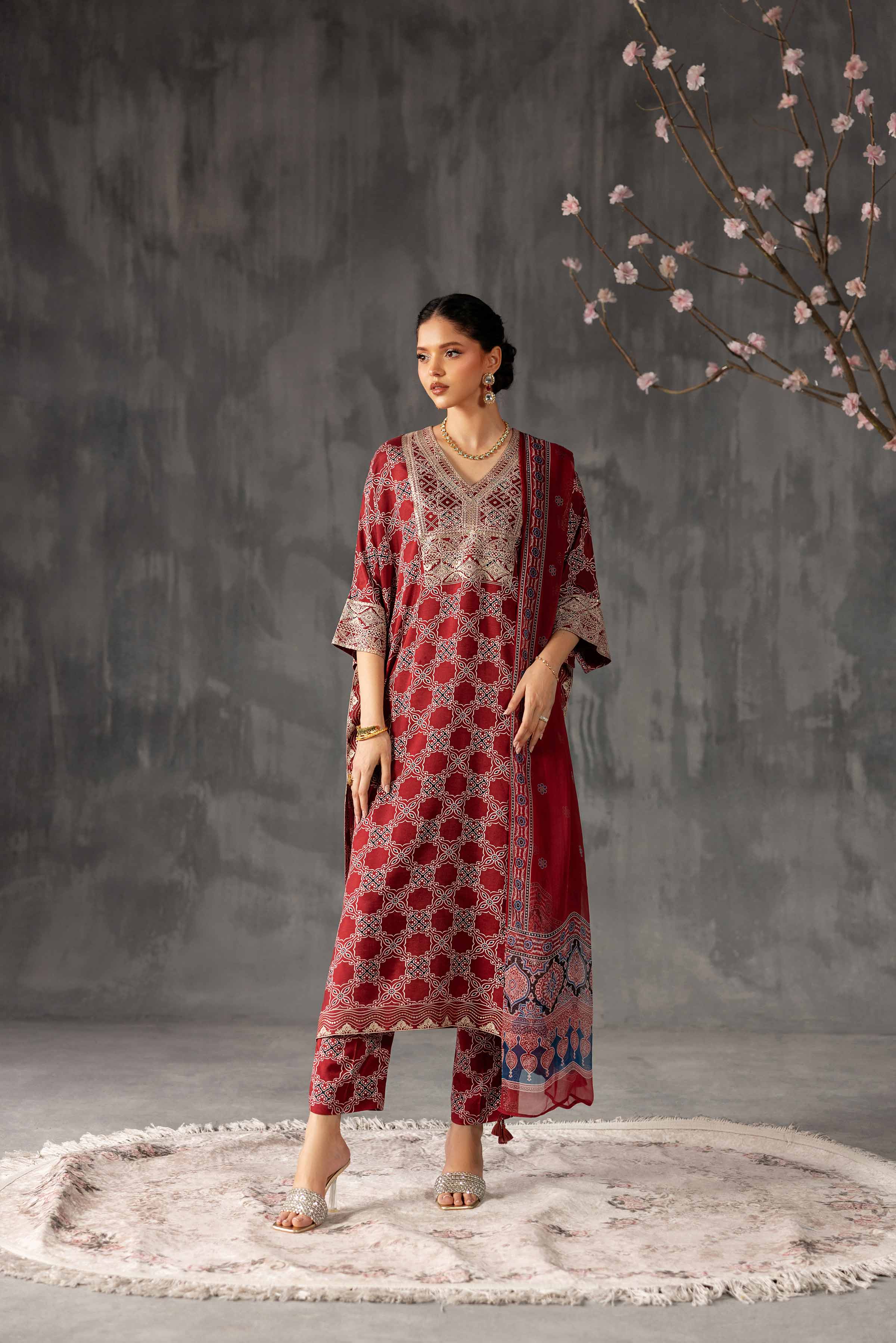 Nishat UK - Red Embroidered Silk 3 Pieces ready to wear luxury Suit
