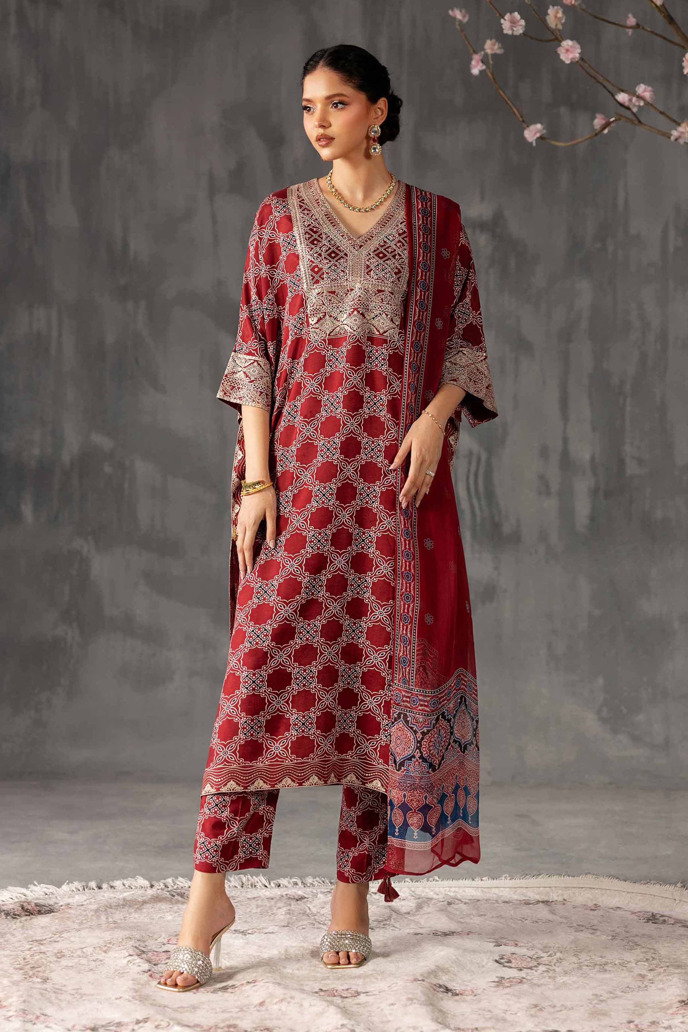 Nishat UK - Red Embroidered Silk 3 Pieces ready to wear luxury Suit