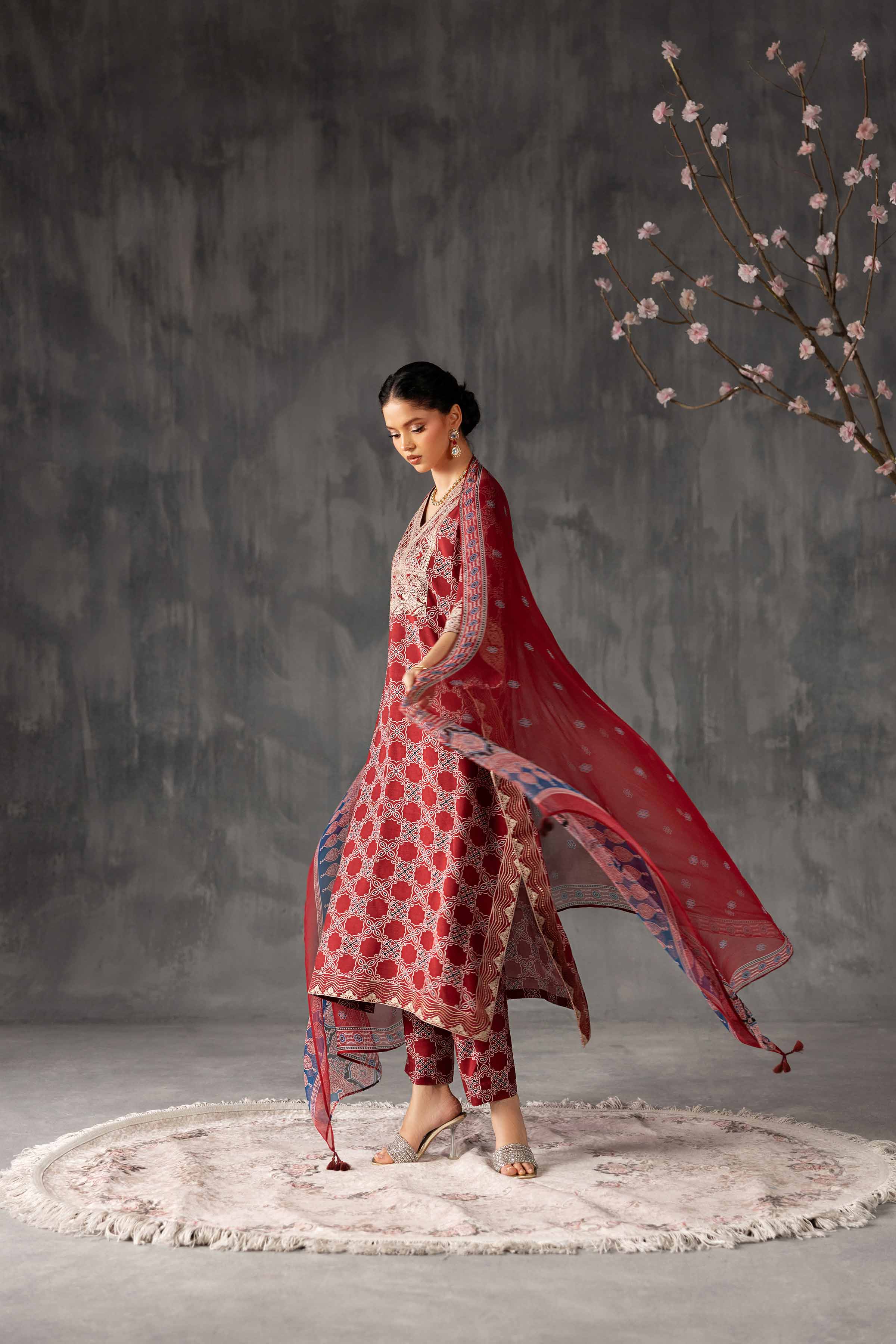 Nishat UK - Red Embroidered Silk 3 Pieces ready to wear luxury Suit