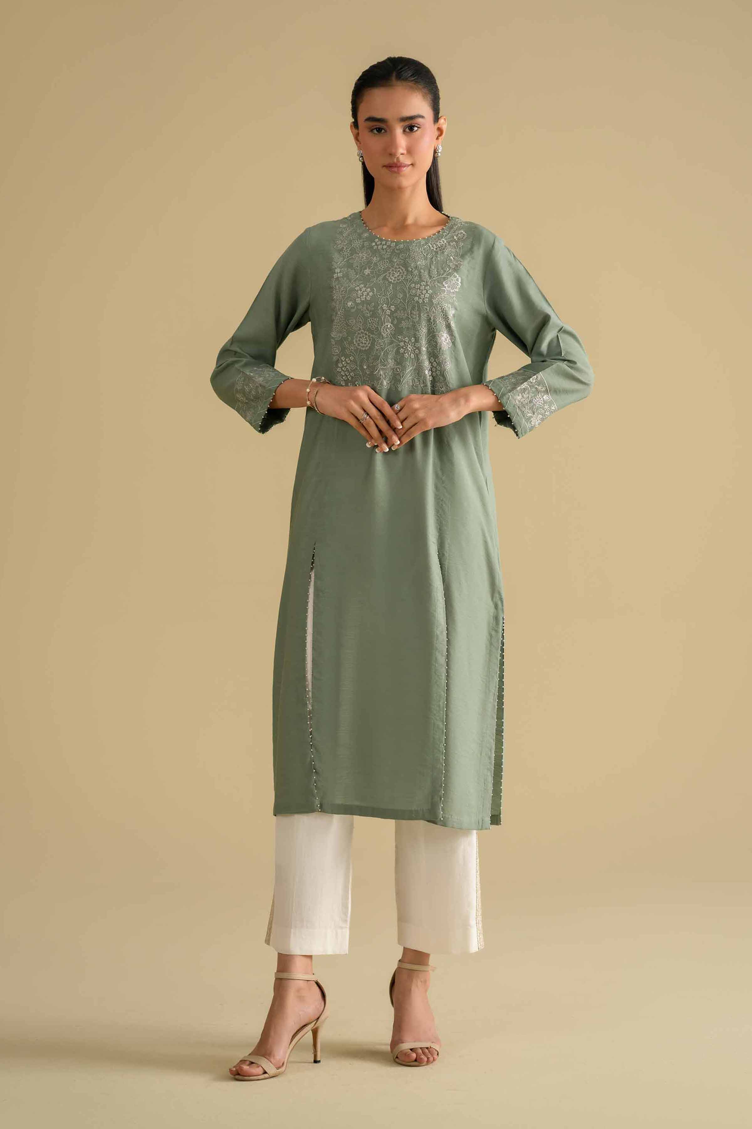 NishatUK - Grey Embroidered Cotton 1-piece ready to wear luxury Shirt