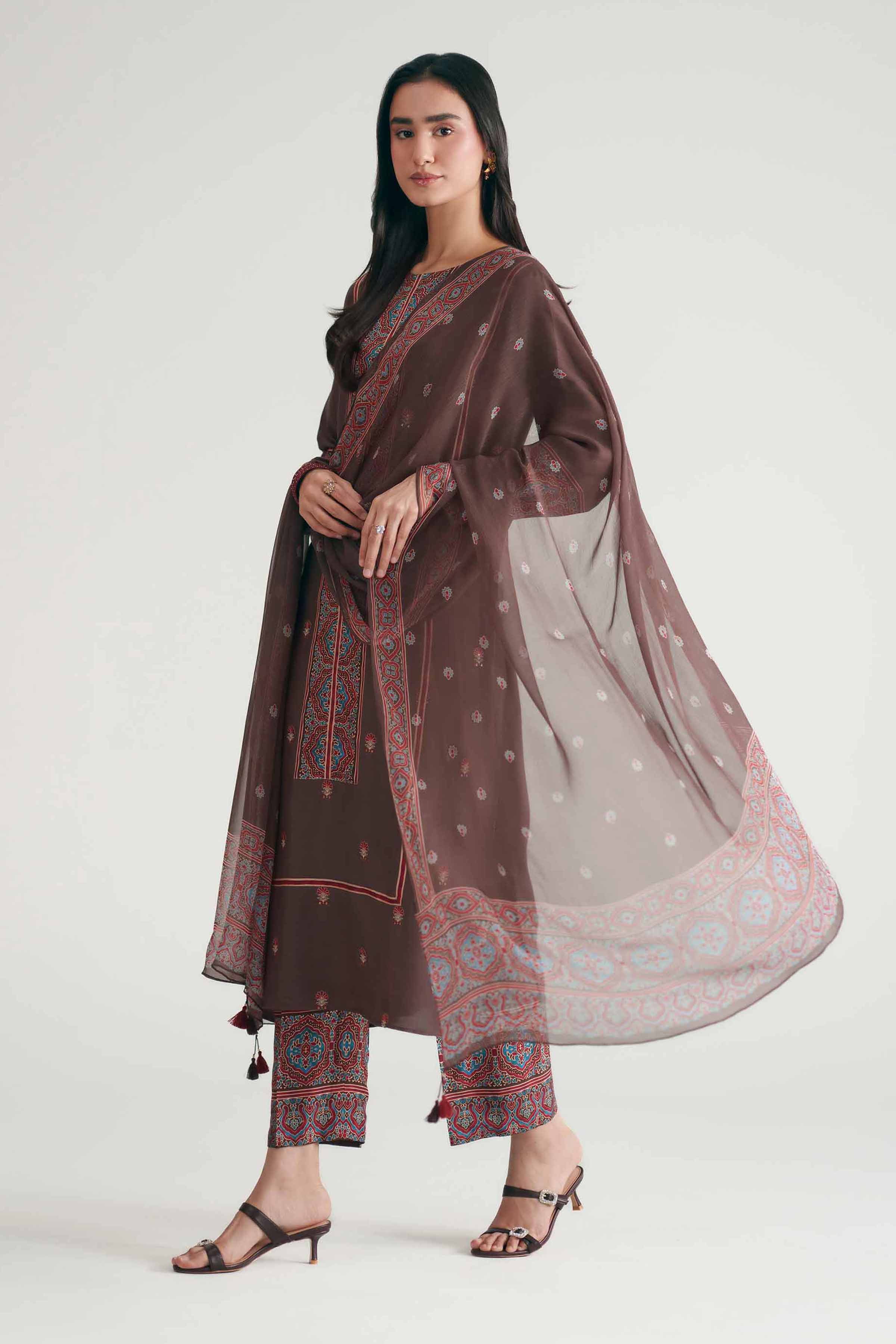 Nishat UK - Brown Embroidered Silk 3-piece ready to wear luxury Suit
