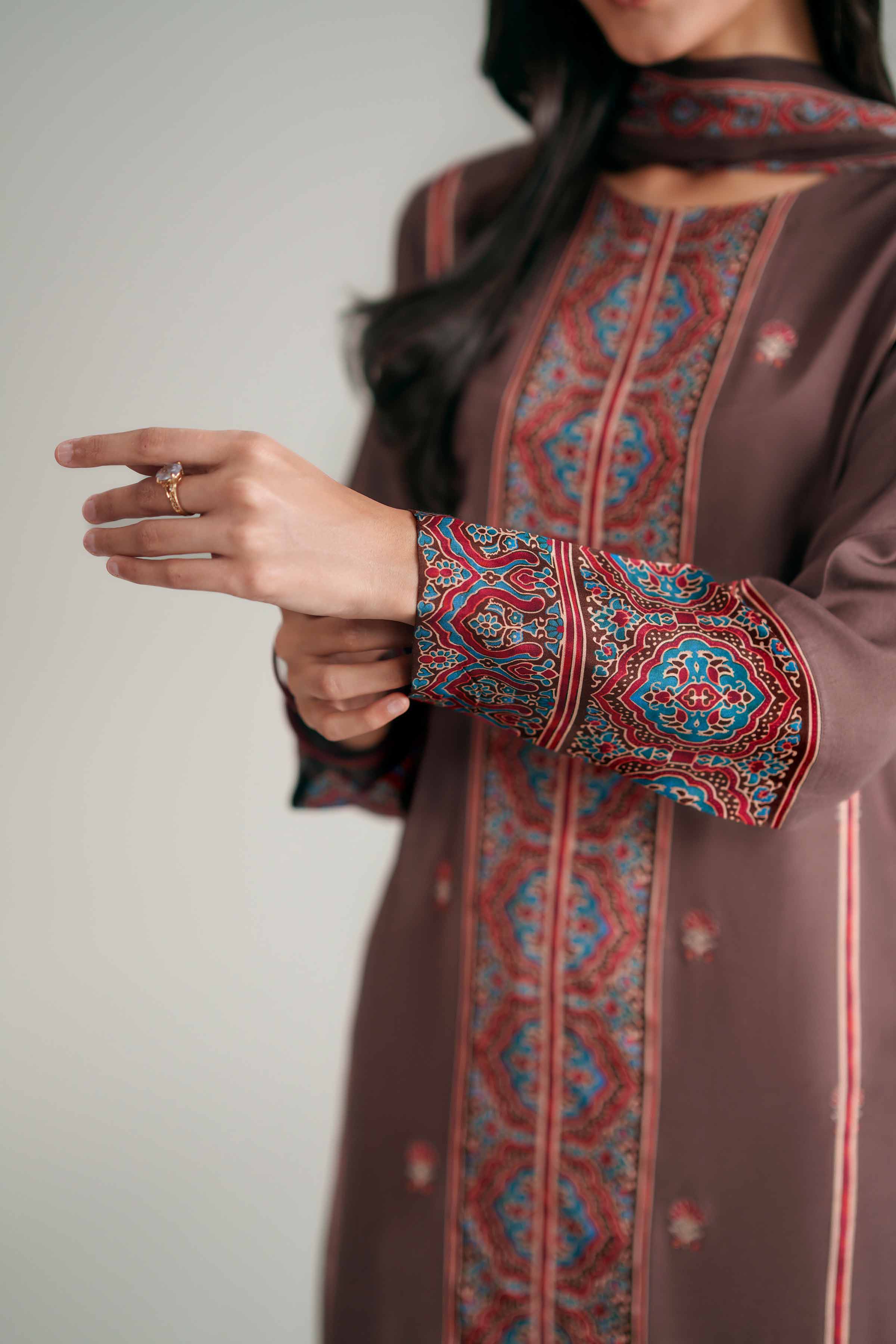Nishat UK - Brown Embroidered Silk 3-piece ready to wear luxury Suit