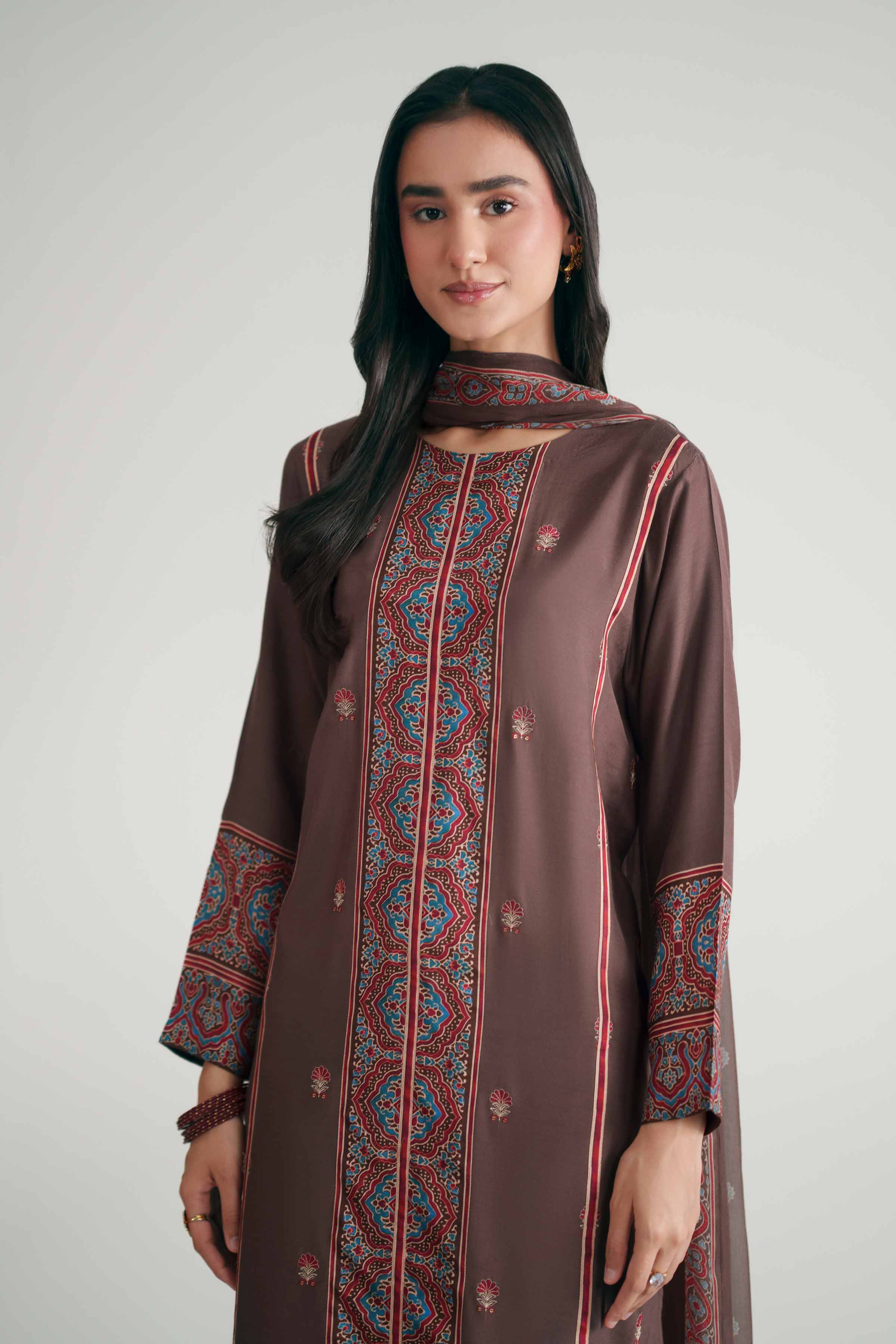 Nishat UK - Brown Embroidered Silk 3-piece ready to wear luxury Suit