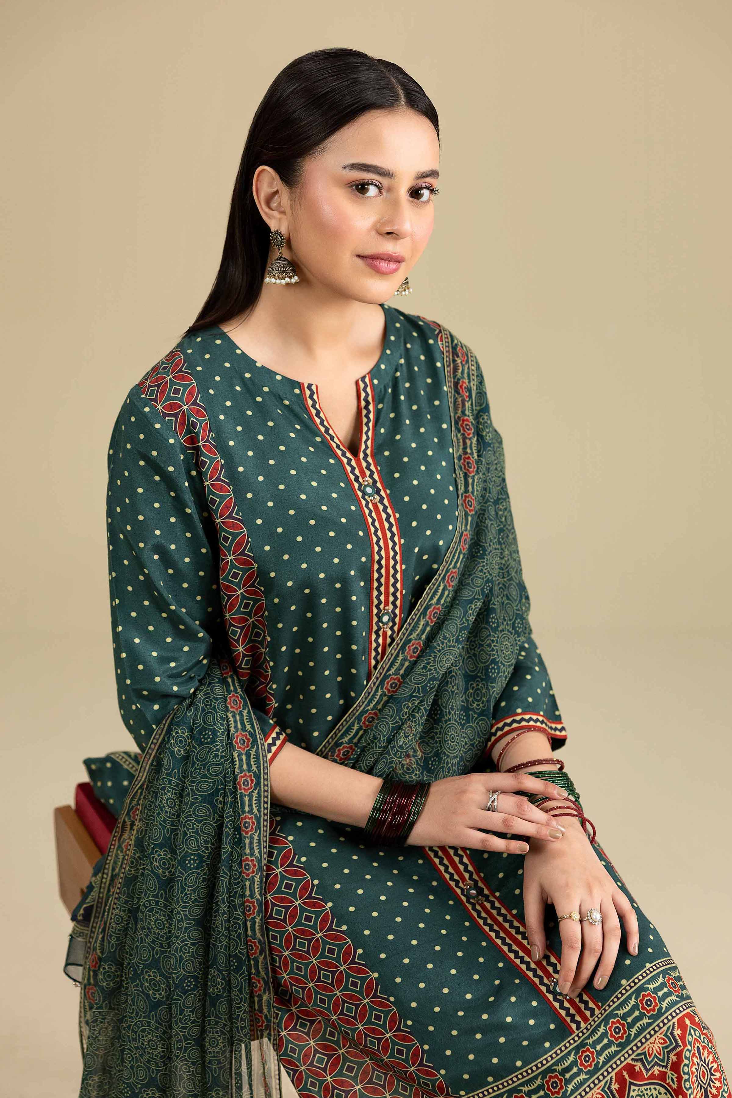 Nishat UK - Green Printed Silk 3-piece ready to wear luxury Suit