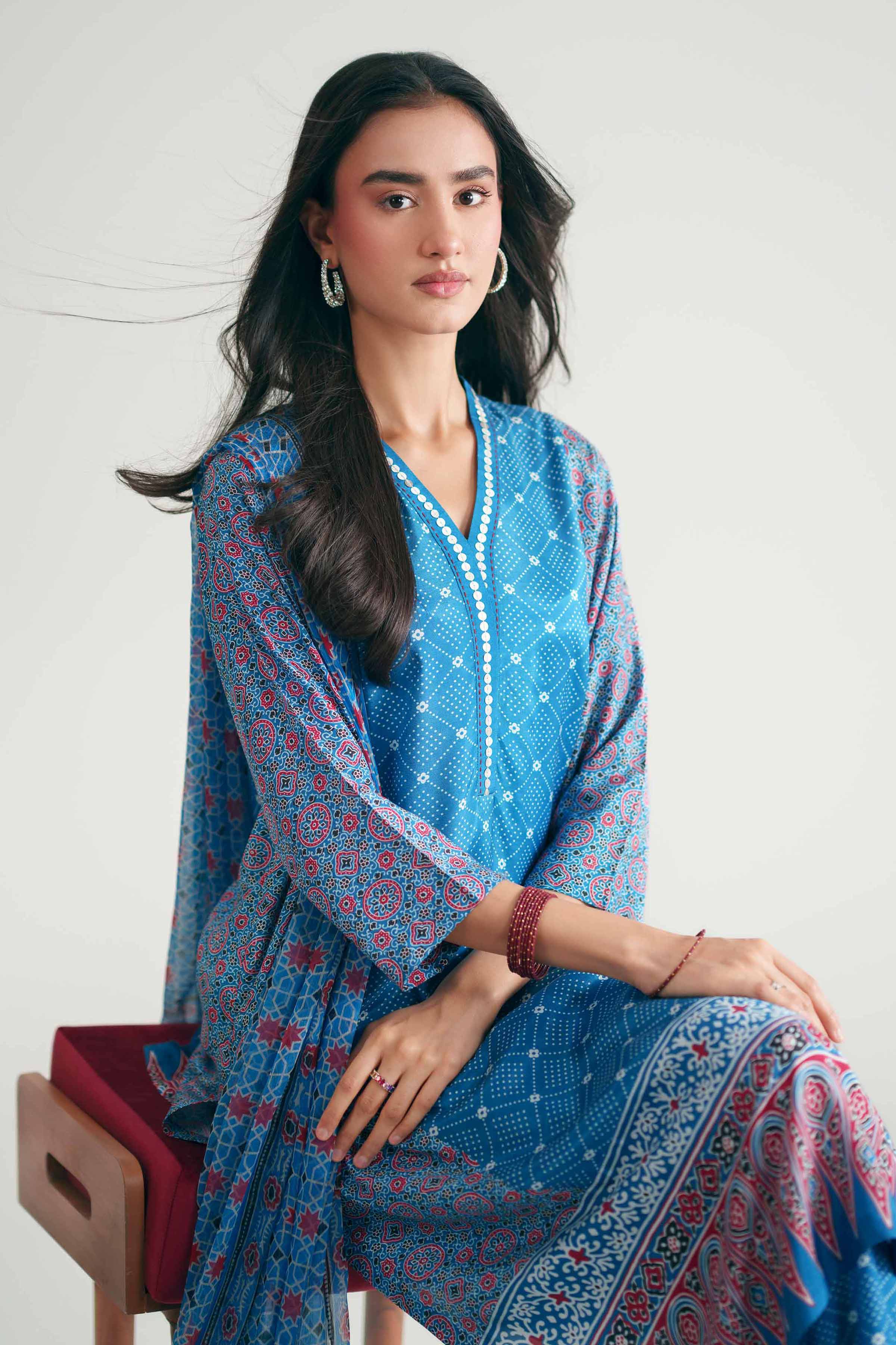 Nishat UK - Blue Printed Silk 3 Pieces ready to wear Suit