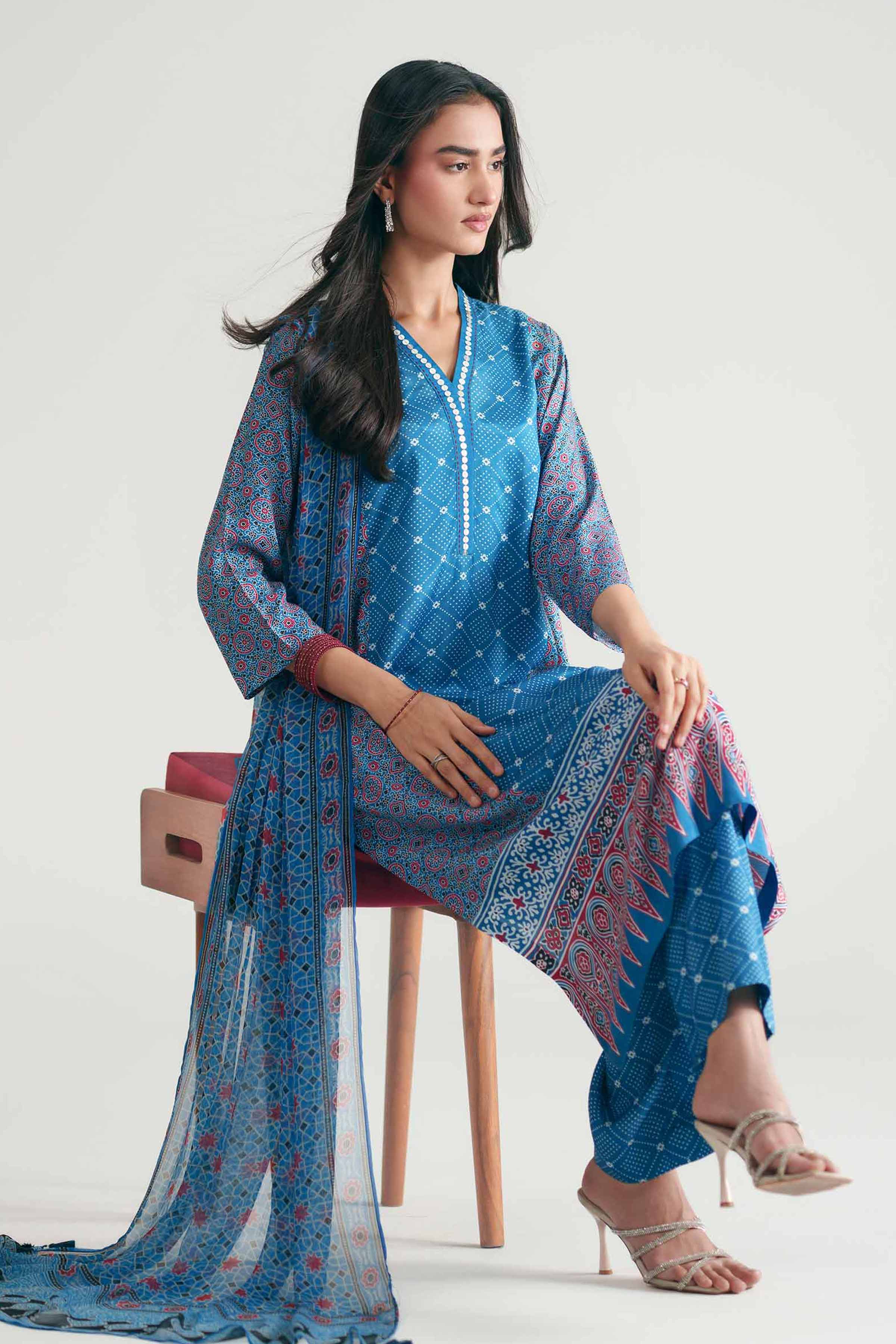 Nishat UK - Blue Printed Silk 3 Pieces ready to wear Suit