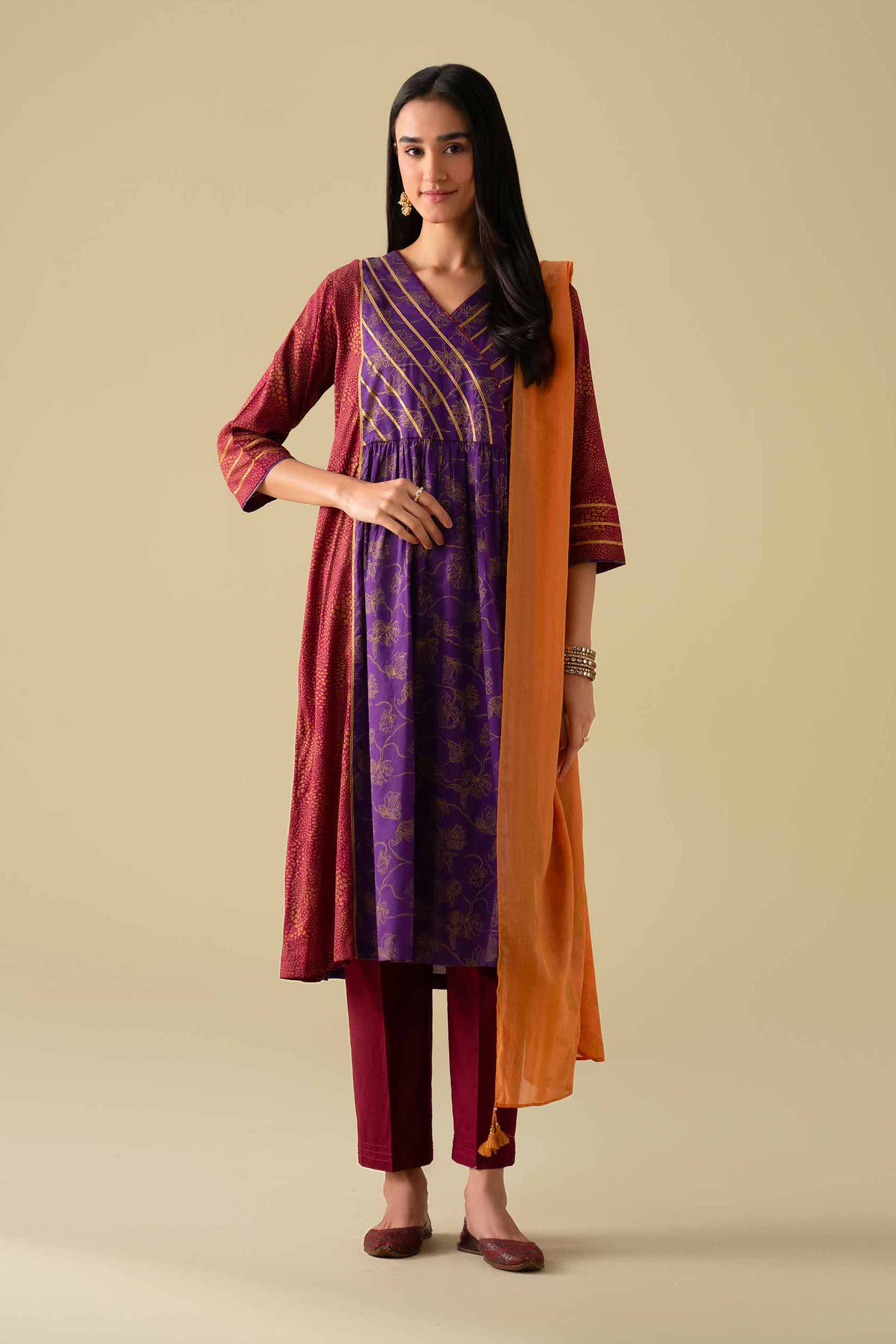NishatUK - Purple Printed Lawn 3-piece ready to wear Suit