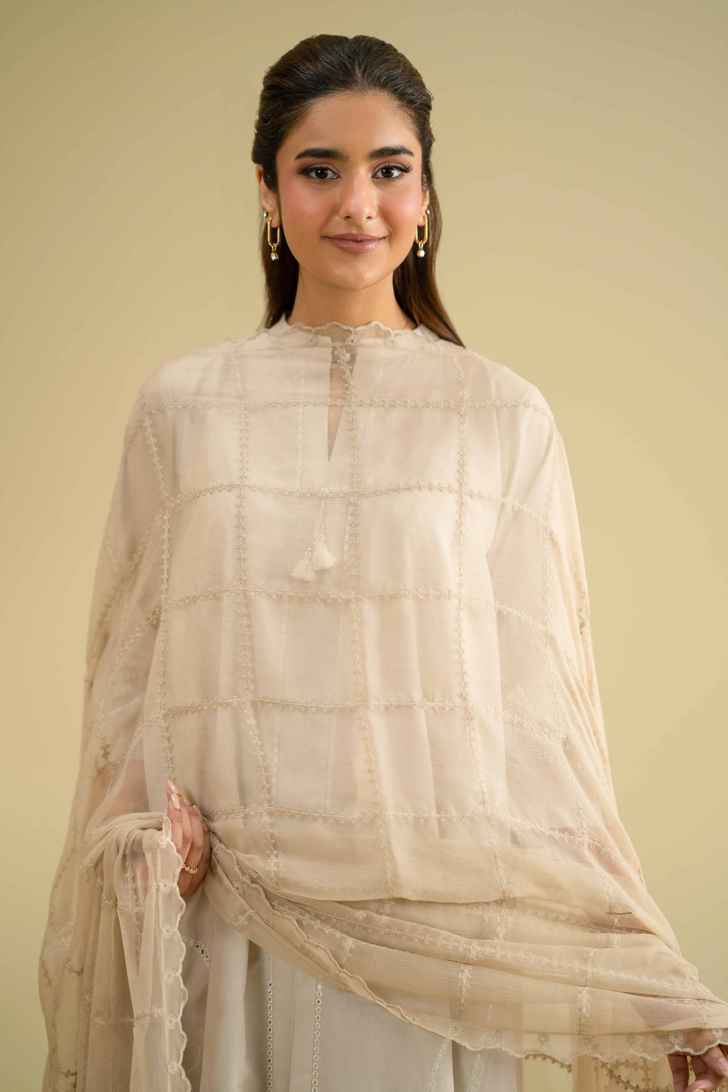 NishatUK - Brown Embroidered Chiffon 1-piece ready to wear dupatta