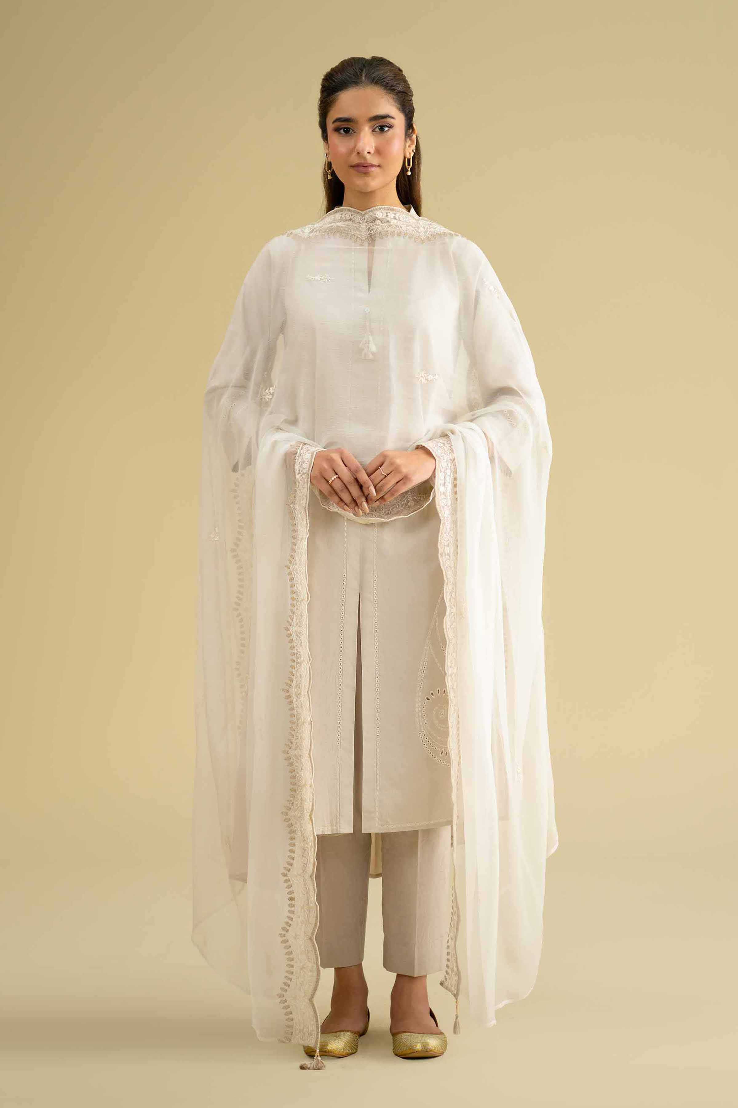 NishatUK - Off White Embroidered Chiffon 1-piece ready to wear dupatta