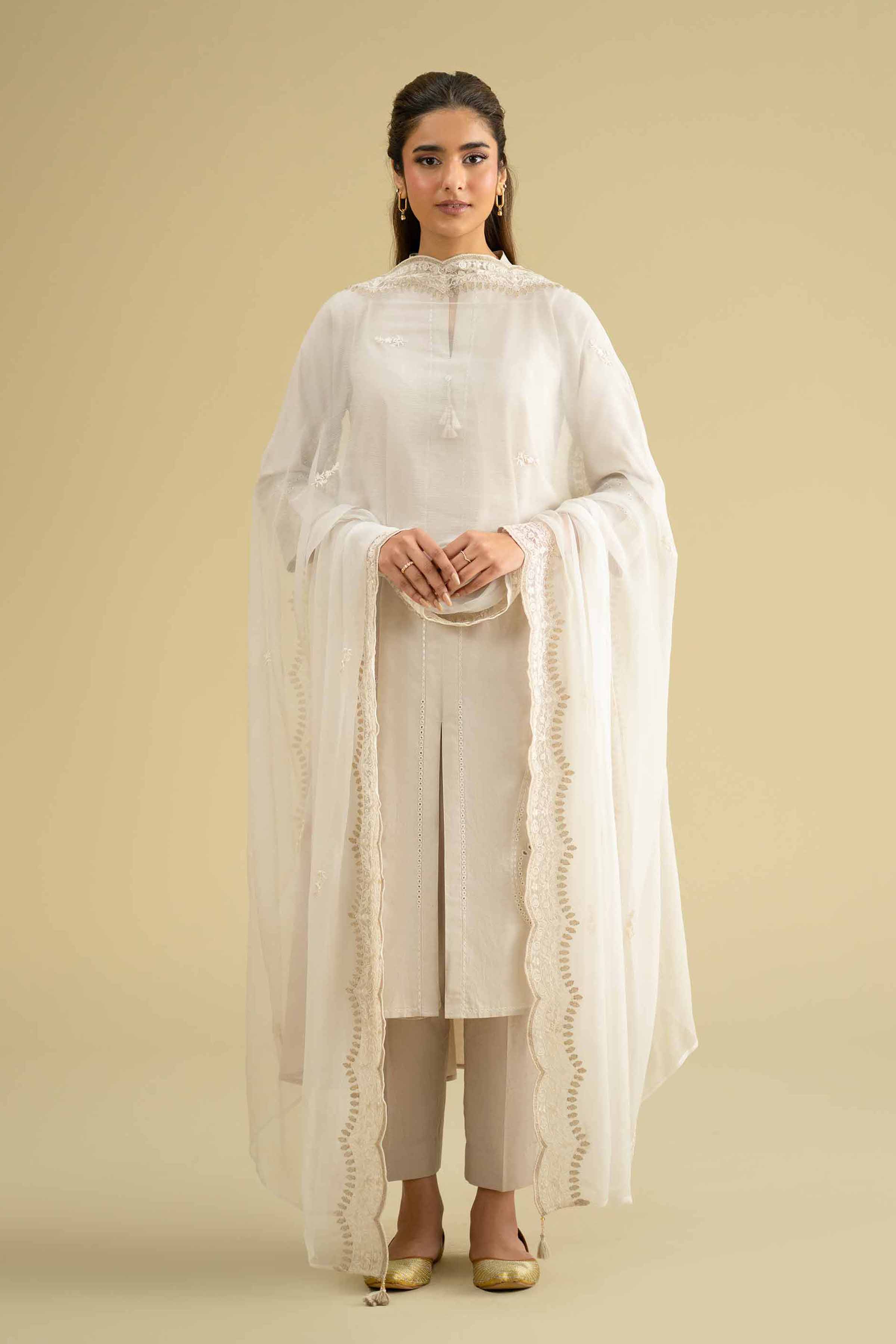 NishatUK - Off White Embroidered Chiffon 1-piece ready to wear dupatta