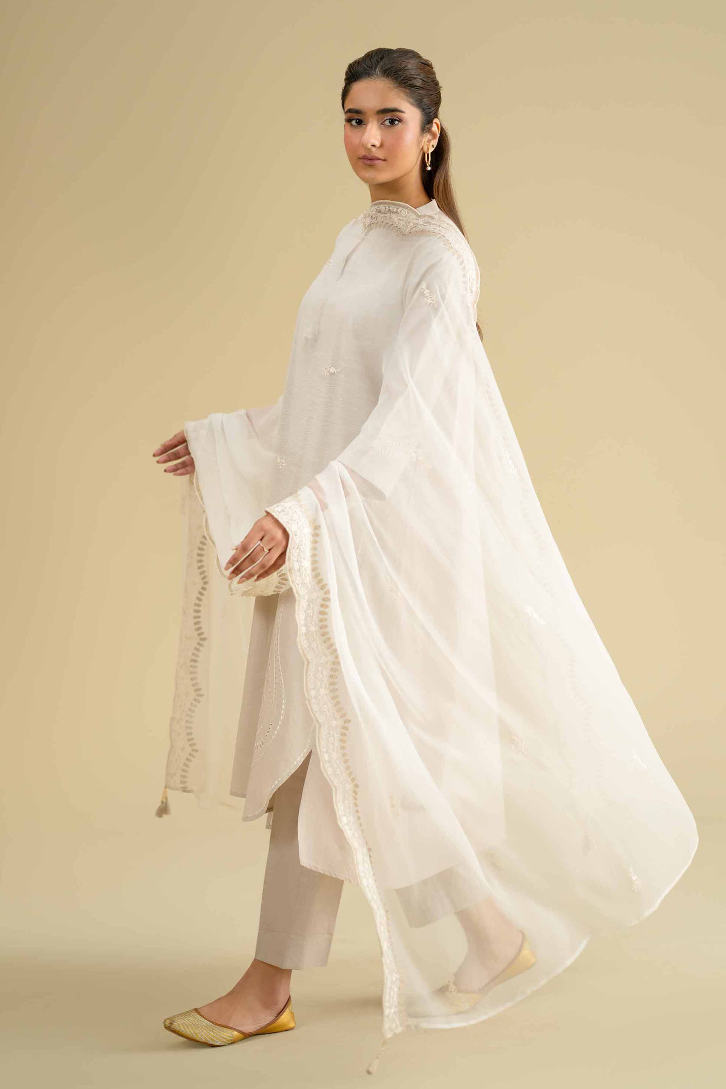 NishatUK - Off White Embroidered Chiffon 1-piece ready to wear dupatta