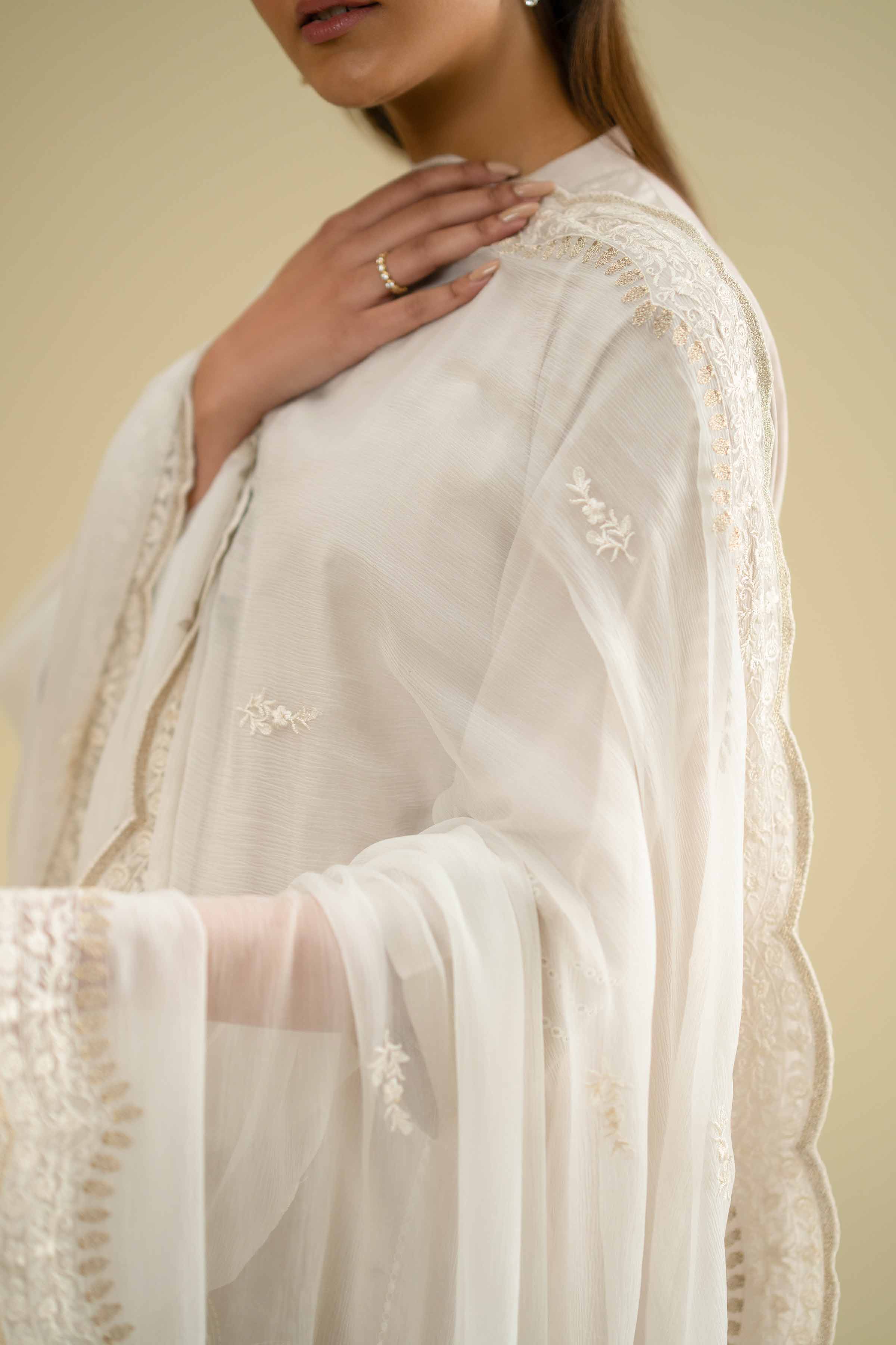 NishatUK - Off White Embroidered Chiffon 1-piece ready to wear dupatta