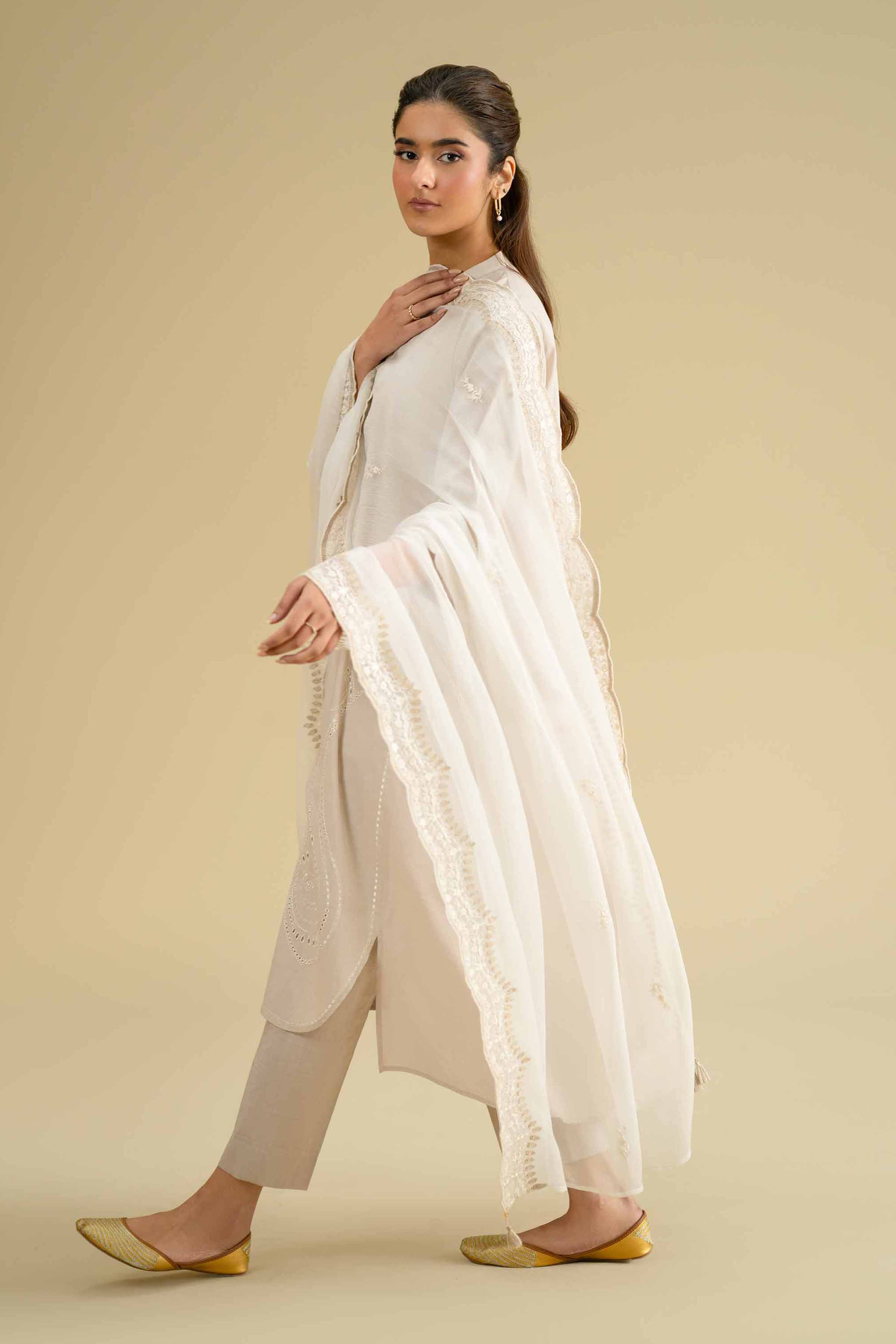 NishatUK - Off White Embroidered Chiffon 1-piece ready to wear dupatta