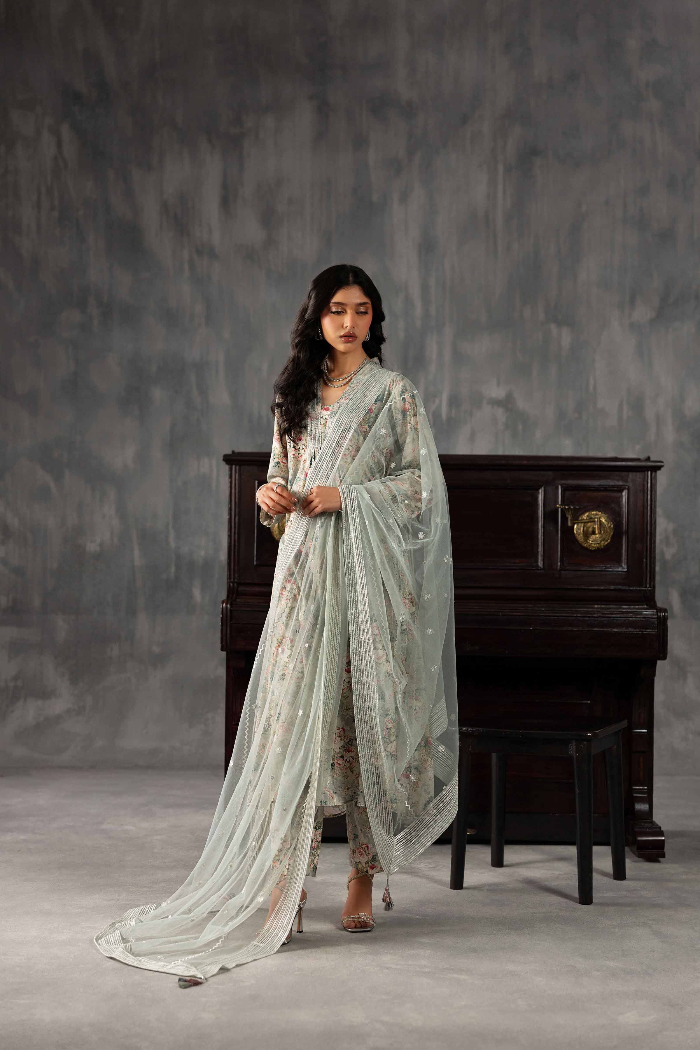 Nishat UK - Grey Embroidered Silk 3 Piece ready to wear luxury Suit