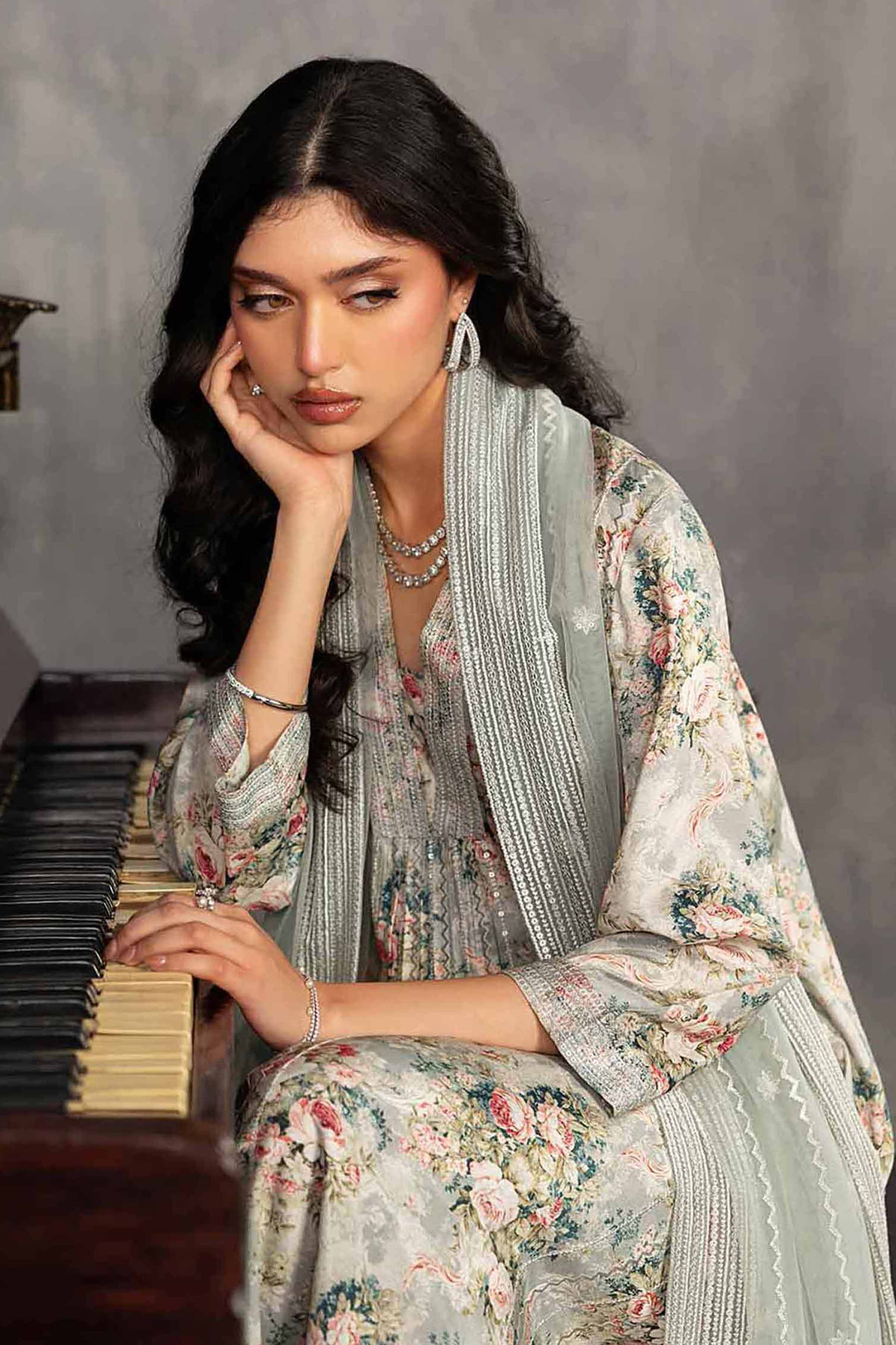 Nishat UK - Grey Embroidered Silk 3 Piece ready to wear luxury Suit